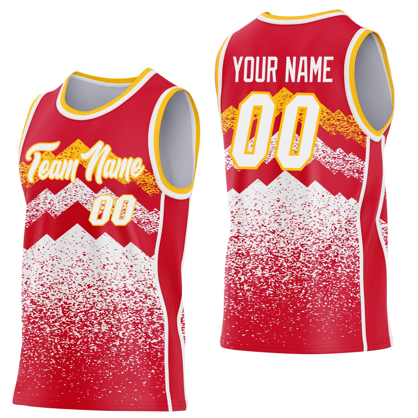 Custom Red White-Gold Mountain Peak Shards Side Panel Stripe Round Neck Sublimation Basketball Set Jersey - Main View