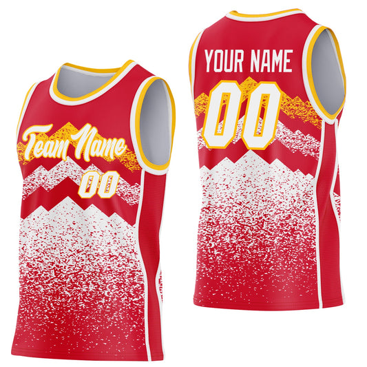 Custom Red White-Gold Mountain Peak Shards Side Panel Stripe Round Neck Sublimation Basketball Set Jersey - Main View