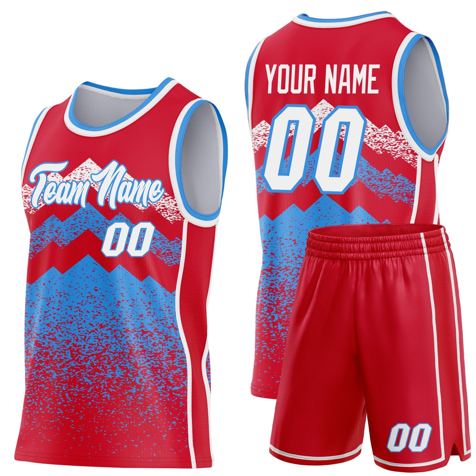 Custom Red White-Powder Blue Mountain Peak Shards Side Panel Stripe Round Neck Sublimation Basketball Set Jersey view 2
