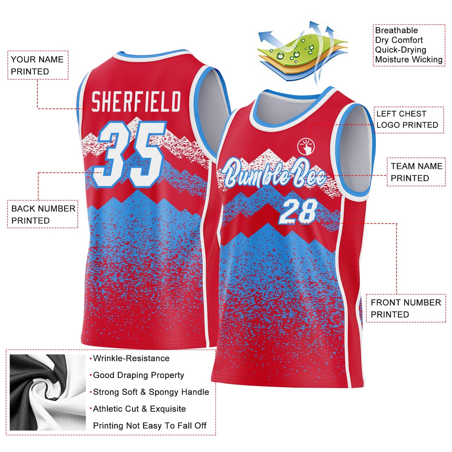 Custom Red White-Powder Blue Mountain Peak Shards Side Panel Stripe Round Neck Sublimation Basketball Set Jersey view 3