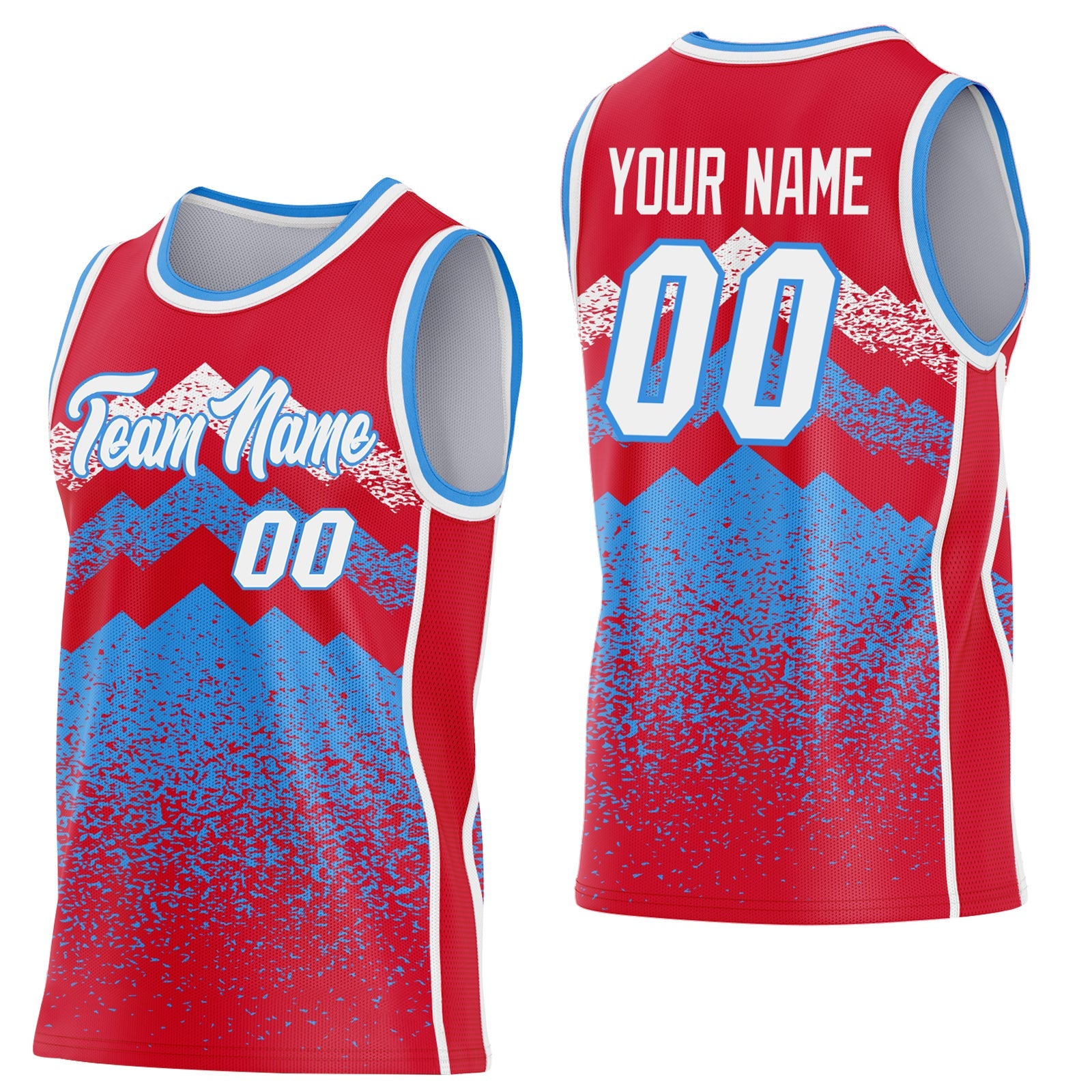 Custom Red White-Powder Blue Mountain Peak Shards Side Panel Stripe Round Neck Sublimation Basketball Set Jersey - Main View
