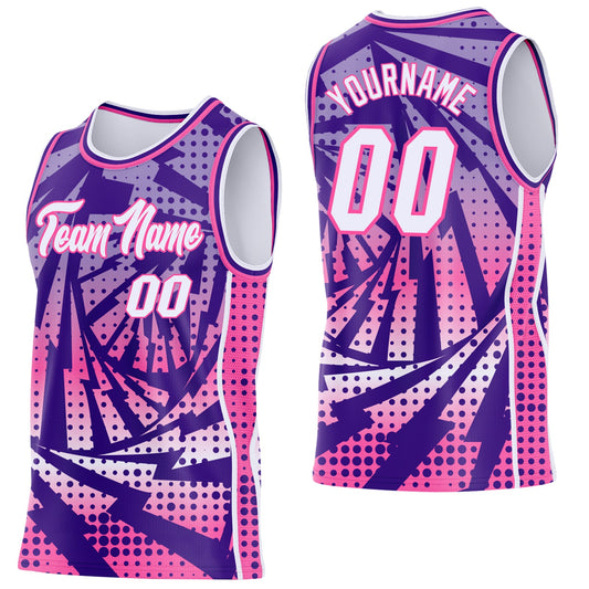 Custom Purple White-Pink Lightning Gradient Dot Side Panel Stripe Round Neck Sublimation Basketball Set Jersey - Main View