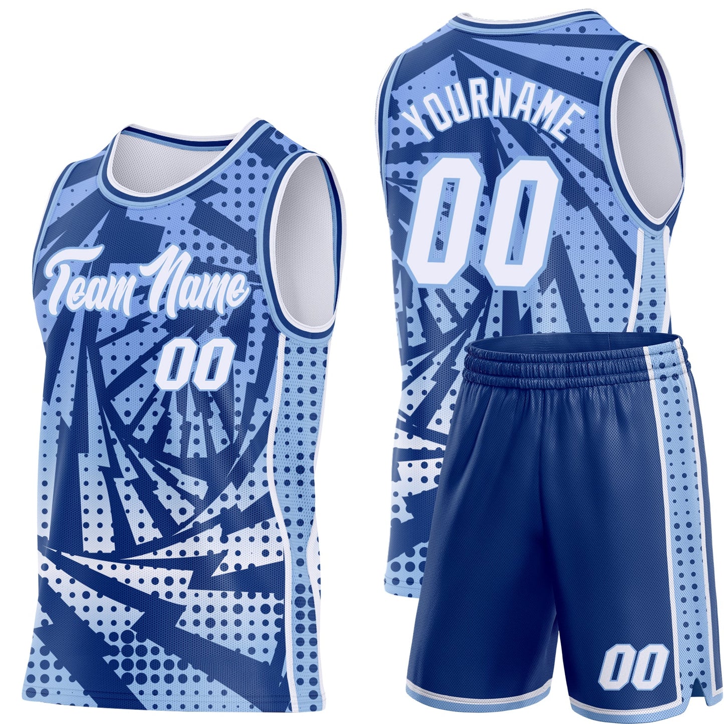Custom Light Blue White-Royal Lightning Gradient Dot Side Panel Stripe Round Neck Sublimation Basketball Set Jersey view 2