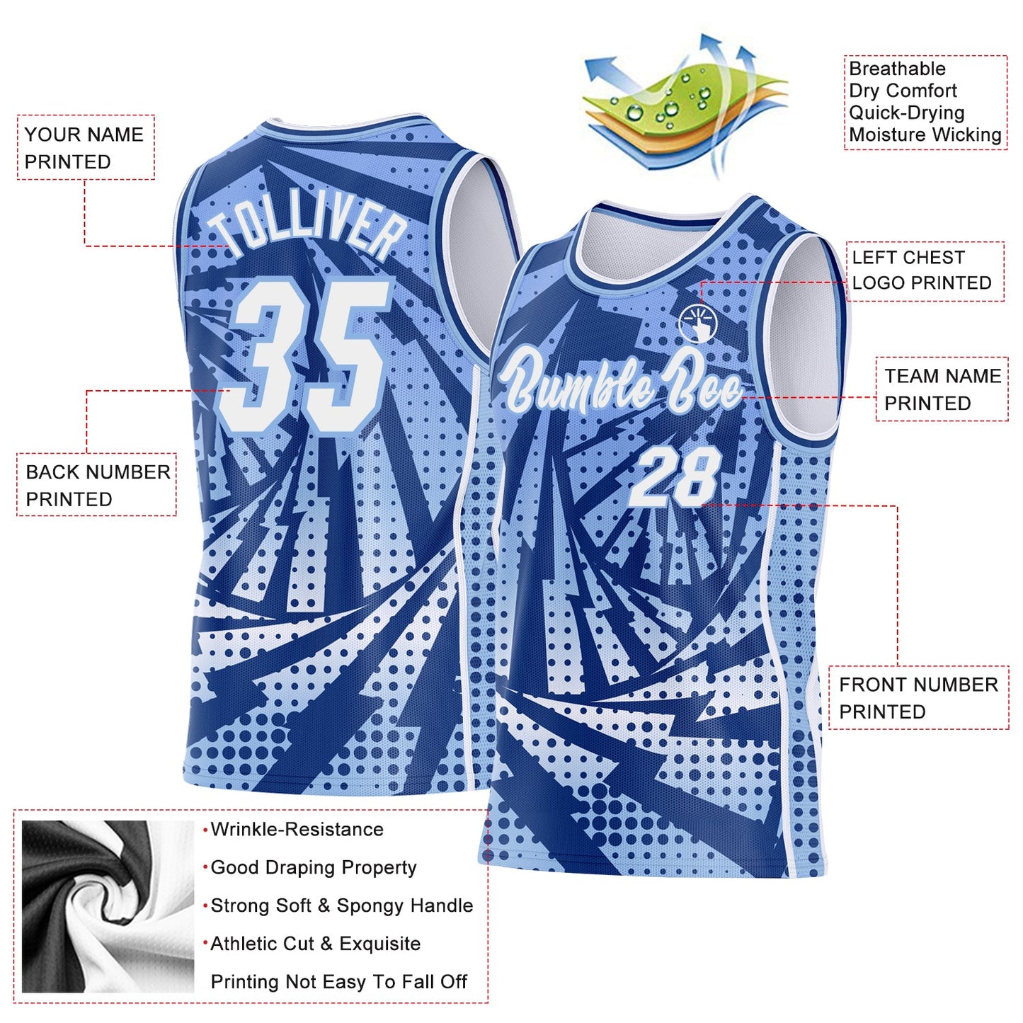 Custom Light Blue White-Royal Lightning Gradient Dot Side Panel Stripe Round Neck Sublimation Basketball Set Jersey view 3