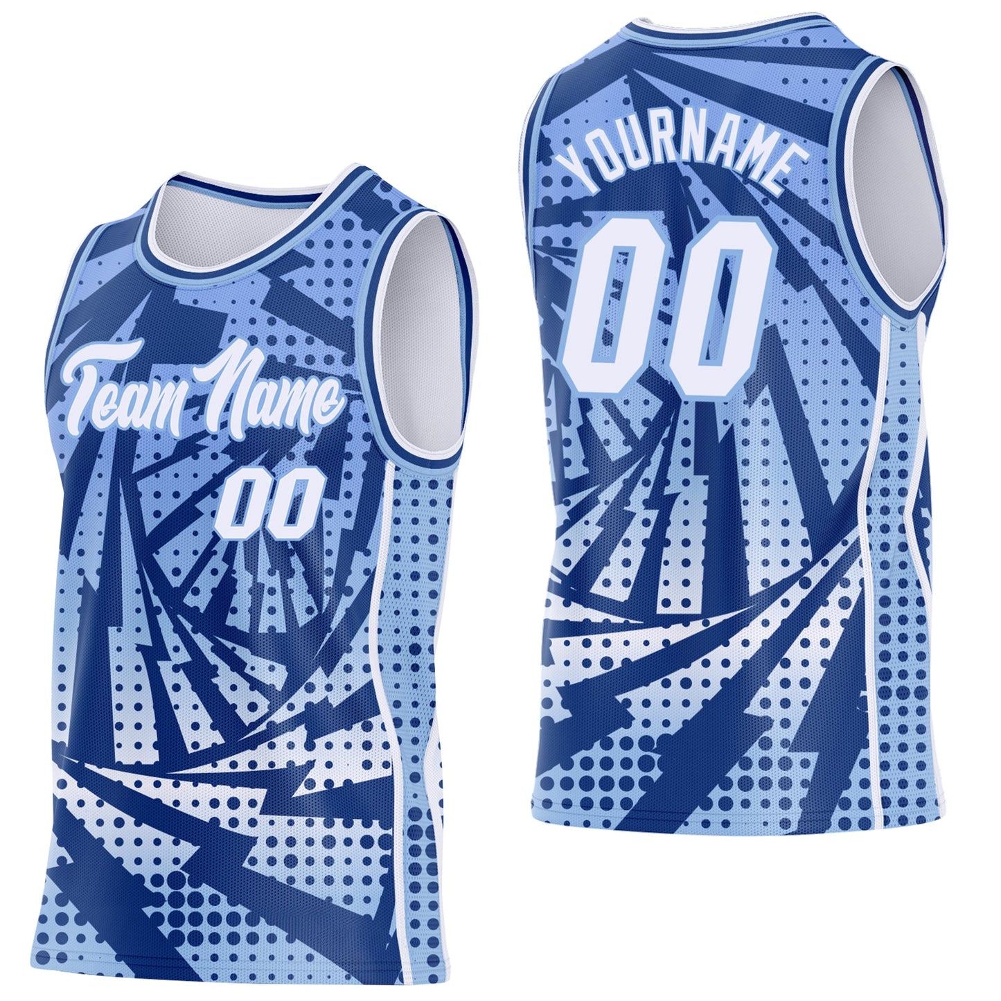 Custom Light Blue White-Royal Lightning Gradient Dot Side Panel Stripe Round Neck Sublimation Basketball Set Jersey - Main View