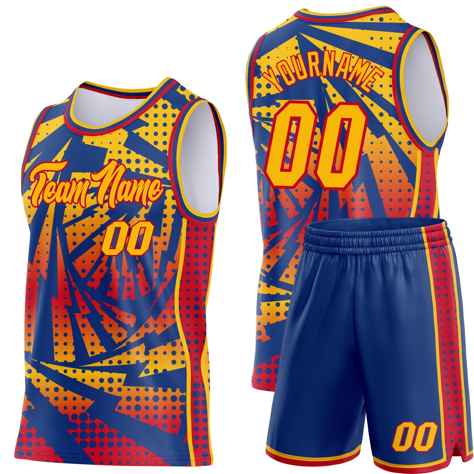Custom Gold Royal-Red Lightning Gradient Dot Side Panel Stripe Round Neck Sublimation Basketball Set Jersey view 2