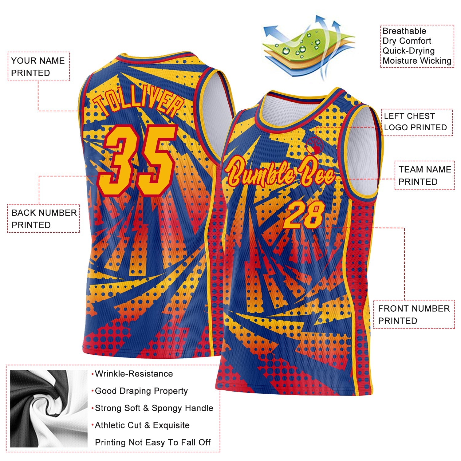 Custom Gold Royal-Red Lightning Gradient Dot Side Panel Stripe Round Neck Sublimation Basketball Set Jersey view 3