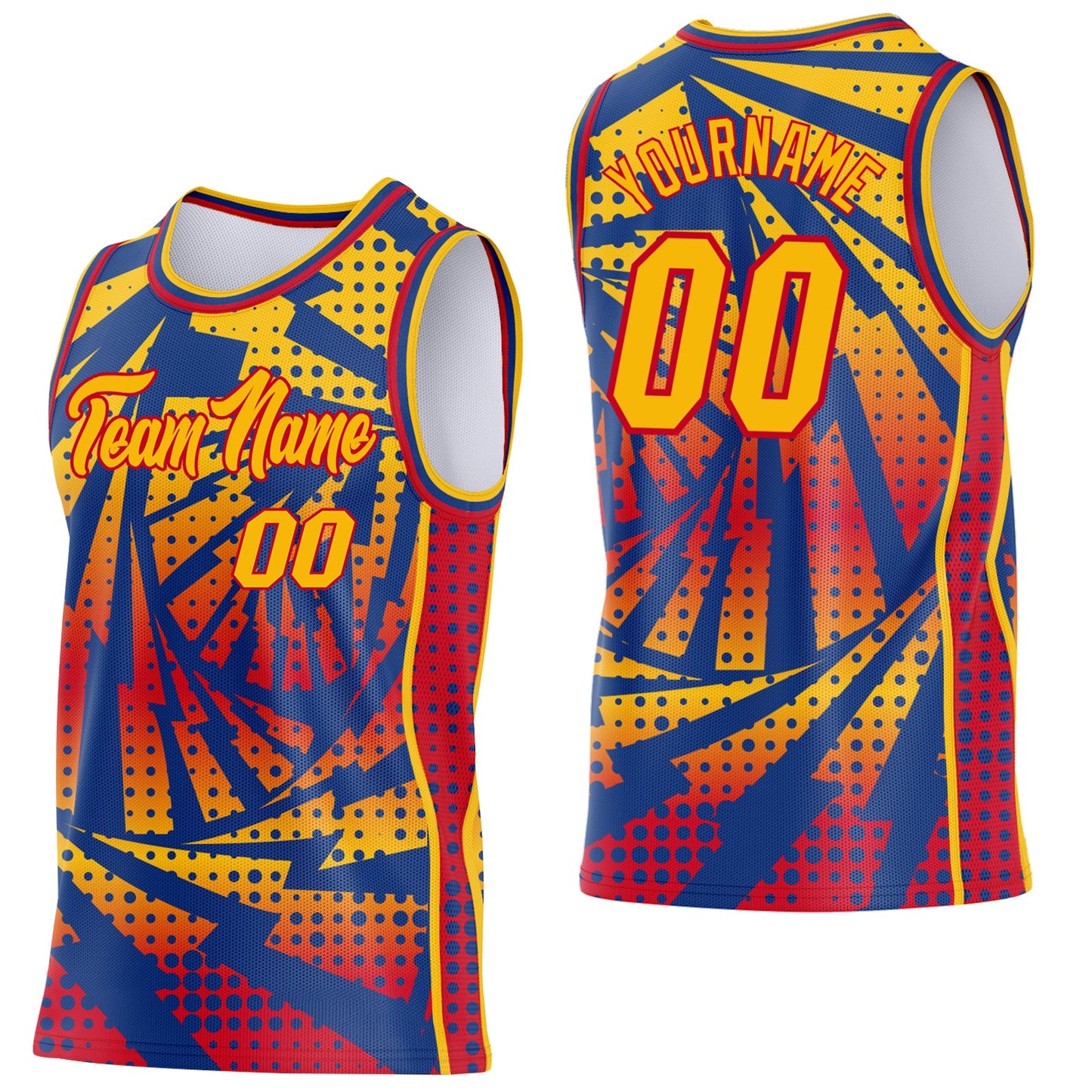 Custom Gold Royal-Red Lightning Gradient Dot Side Panel Stripe Round Neck Sublimation Basketball Set Jersey - Main View