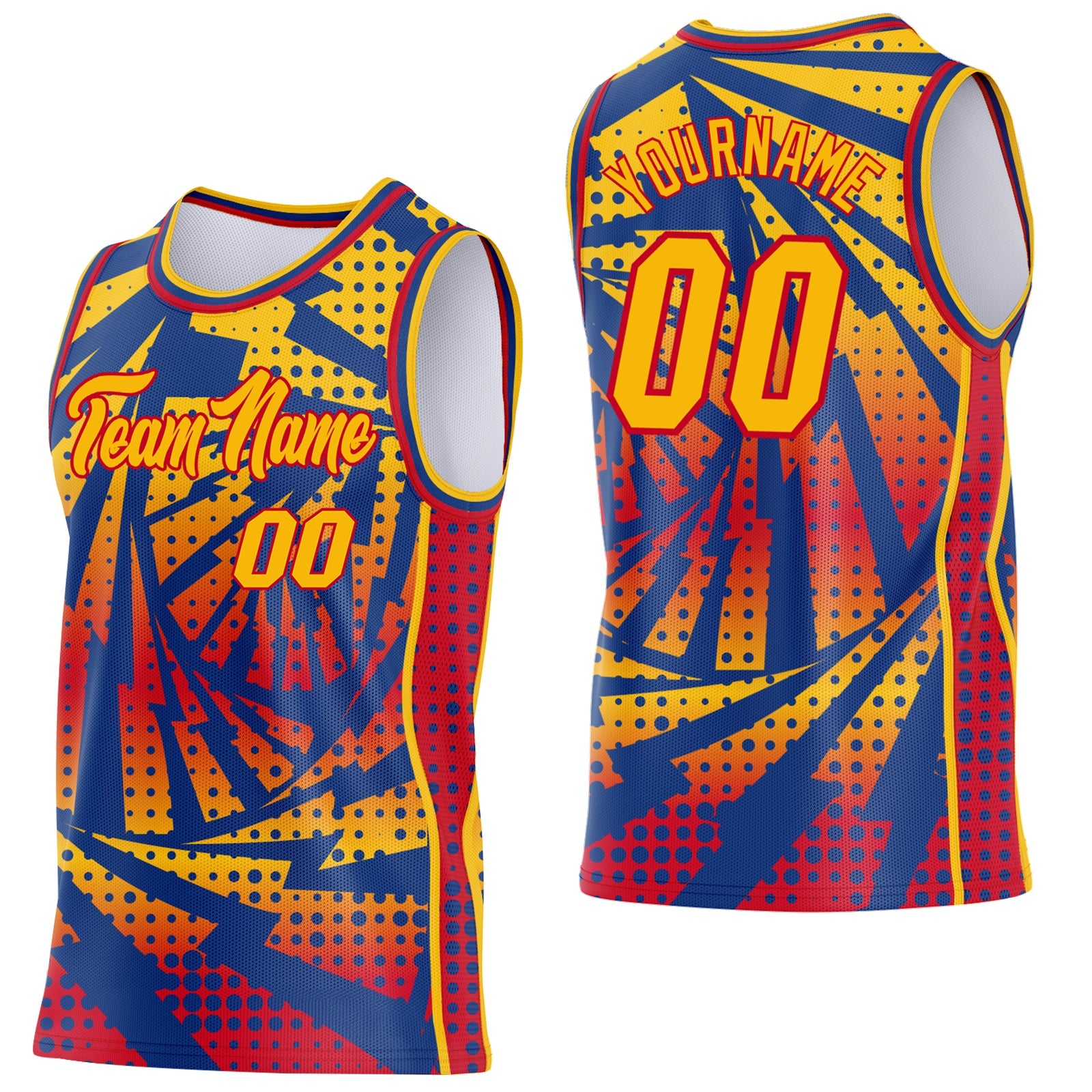 Custom Gold Royal-Red Lightning Gradient Dot Side Panel Stripe Round Neck Sublimation Basketball Set Jersey - Main View