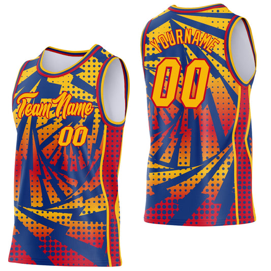 Custom Gold Royal-Red Lightning Gradient Dot Side Panel Stripe Round Neck Sublimation Basketball Set Jersey - Main View
