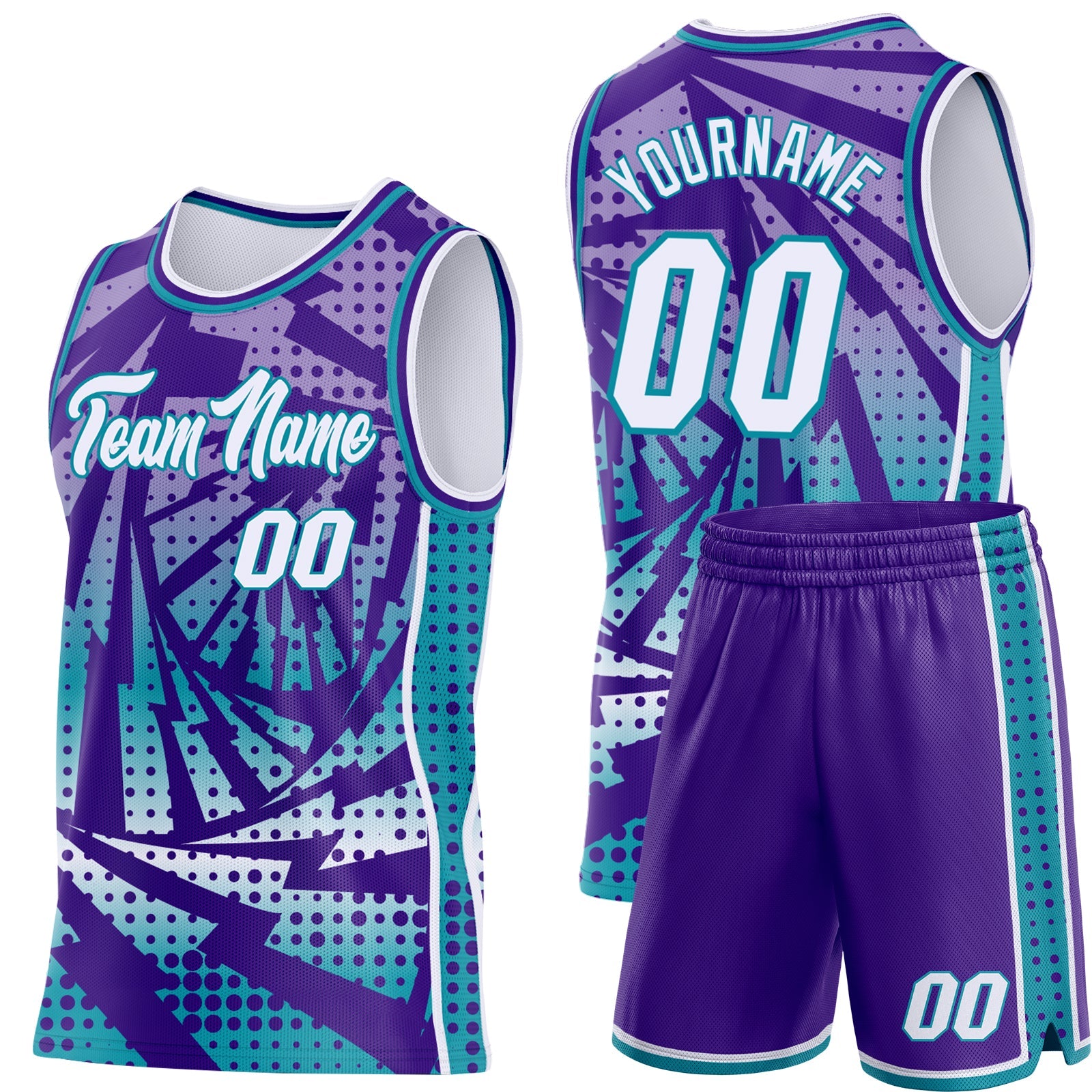 Custom Purple White-Teal Lightning Gradient Dot Side Panel Stripe Round Neck Sublimation Basketball Set Jersey view 2