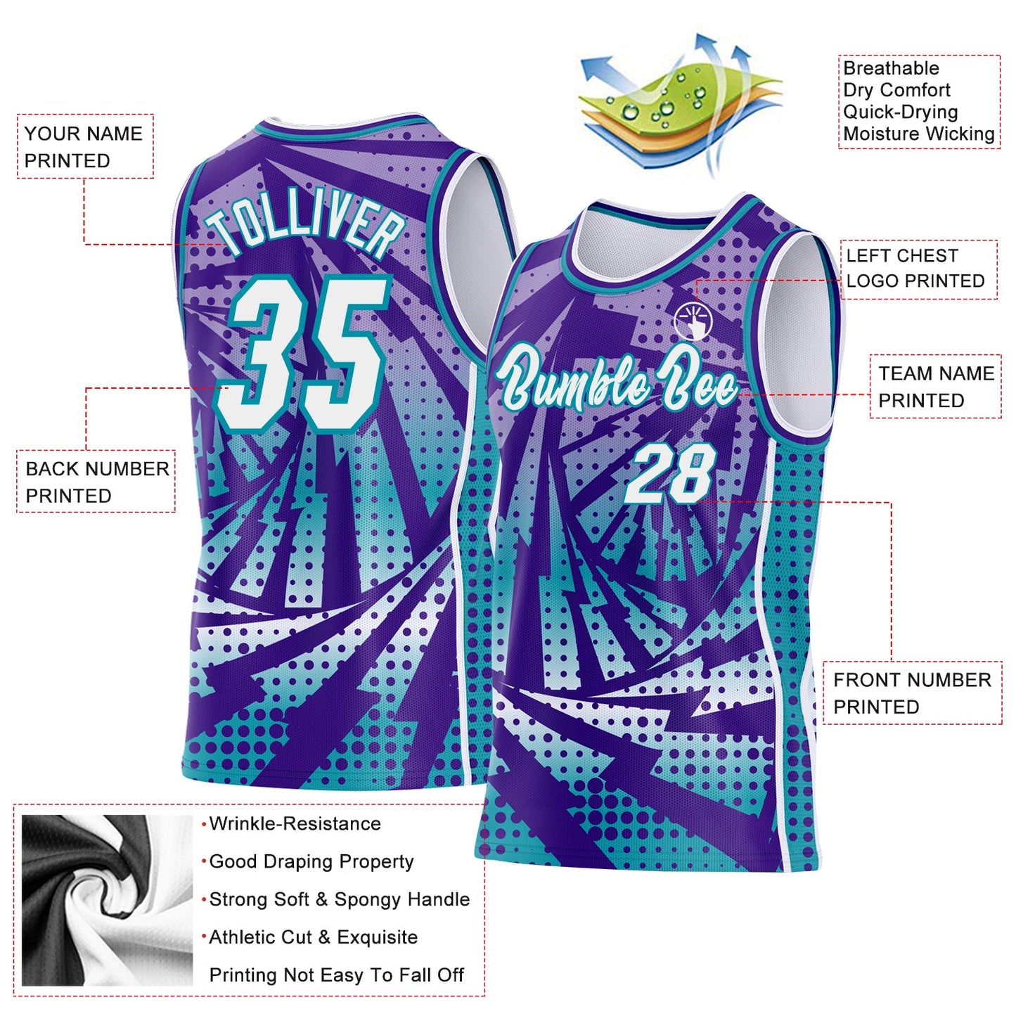 Custom Purple White-Teal Lightning Gradient Dot Side Panel Stripe Round Neck Sublimation Basketball Set Jersey view 3