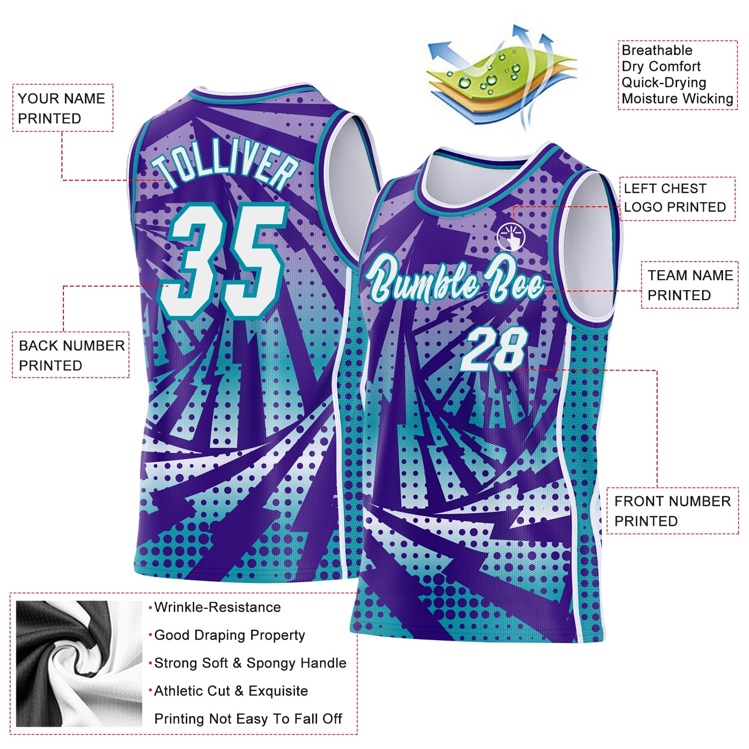 Custom Purple White-Teal Lightning Gradient Dot Side Panel Stripe Round Neck Sublimation Basketball Set Jersey view 3