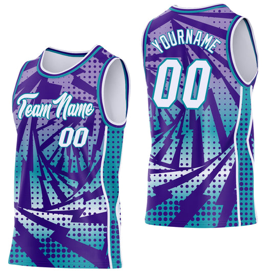 Custom Purple White-Teal Lightning Gradient Dot Side Panel Stripe Round Neck Sublimation Basketball Set Jersey - Main View