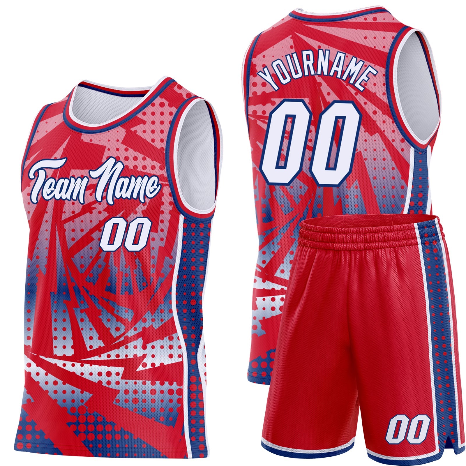Custom Red White-Royal Lightning Gradient Dot Side Panel Stripe Round Neck Sublimation Basketball Set Jersey view 2