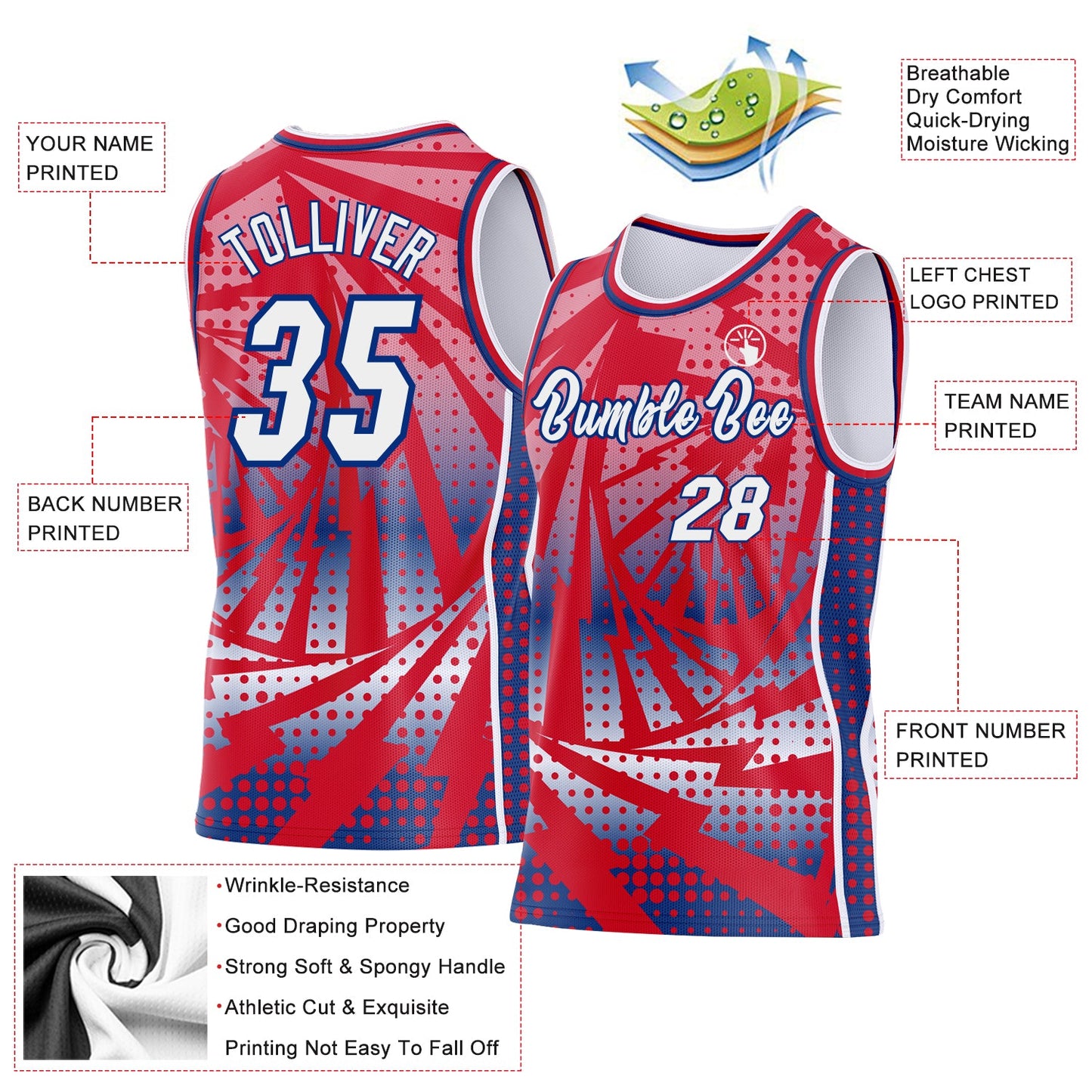 Custom Red White-Royal Lightning Gradient Dot Side Panel Stripe Round Neck Sublimation Basketball Set Jersey view 3