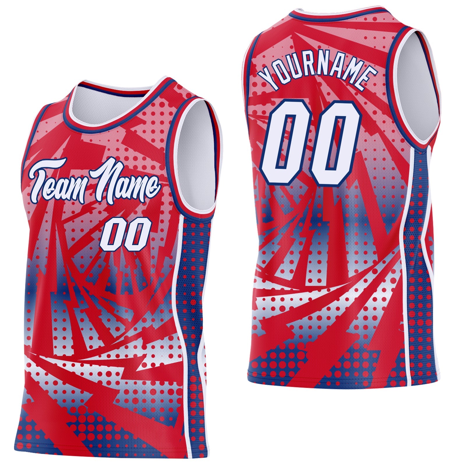 Custom Red White-Royal Lightning Gradient Dot Side Panel Stripe Round Neck Sublimation Basketball Set Jersey - Main View