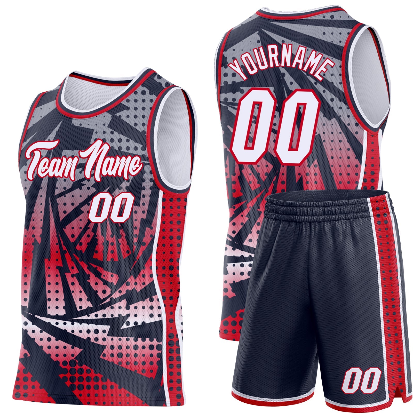 Custom Navy White-Red Lightning Gradient Dot Side Panel Stripe Round Neck Sublimation Basketball Set Jersey view 2