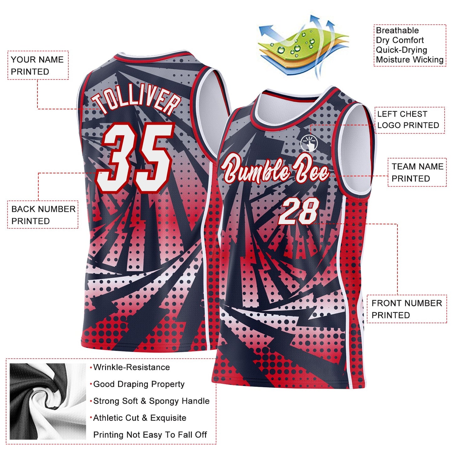 Custom Navy White-Red Lightning Gradient Dot Side Panel Stripe Round Neck Sublimation Basketball Set Jersey view 3
