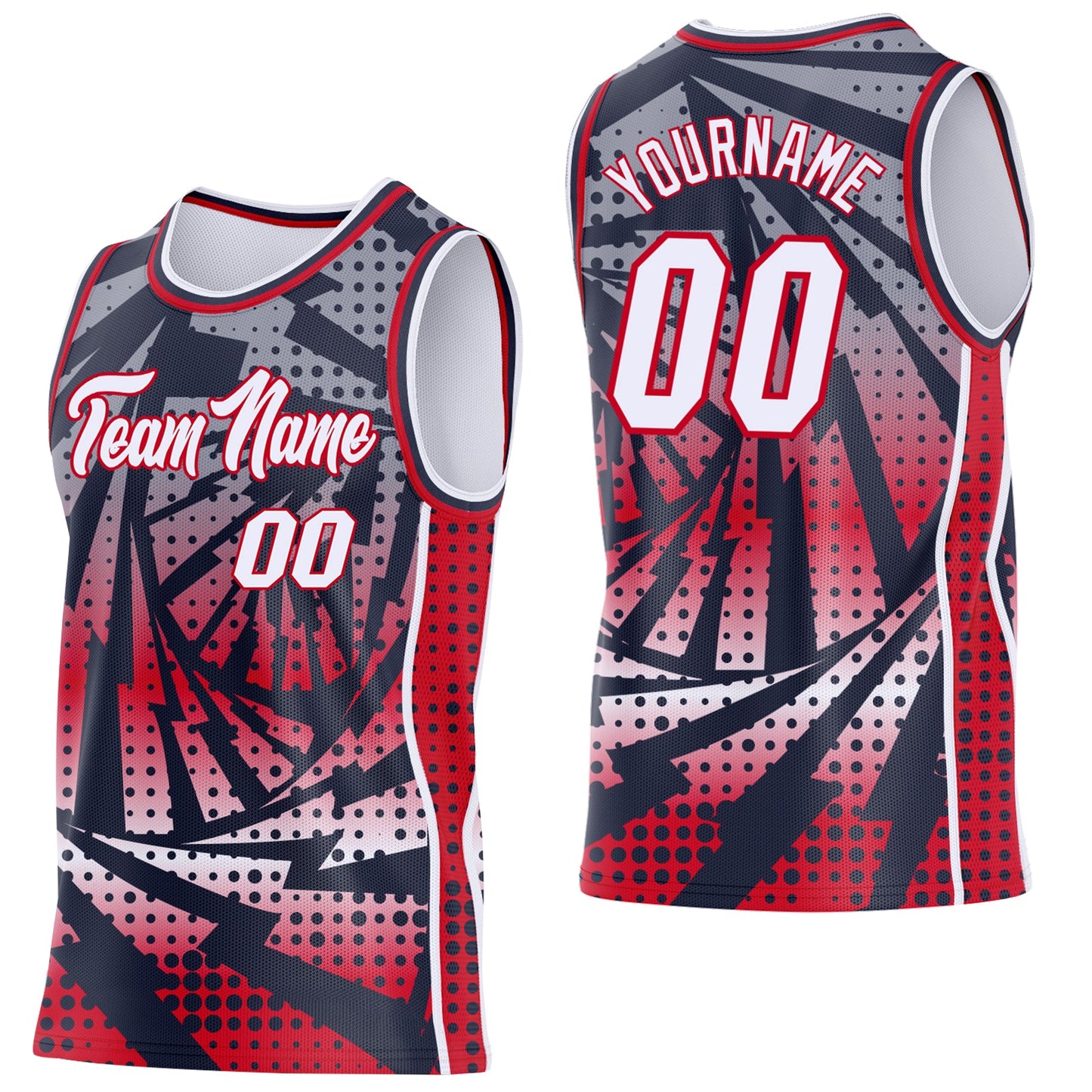 Custom Navy White-Red Lightning Gradient Dot Side Panel Stripe Round Neck Sublimation Basketball Set Jersey - Main View