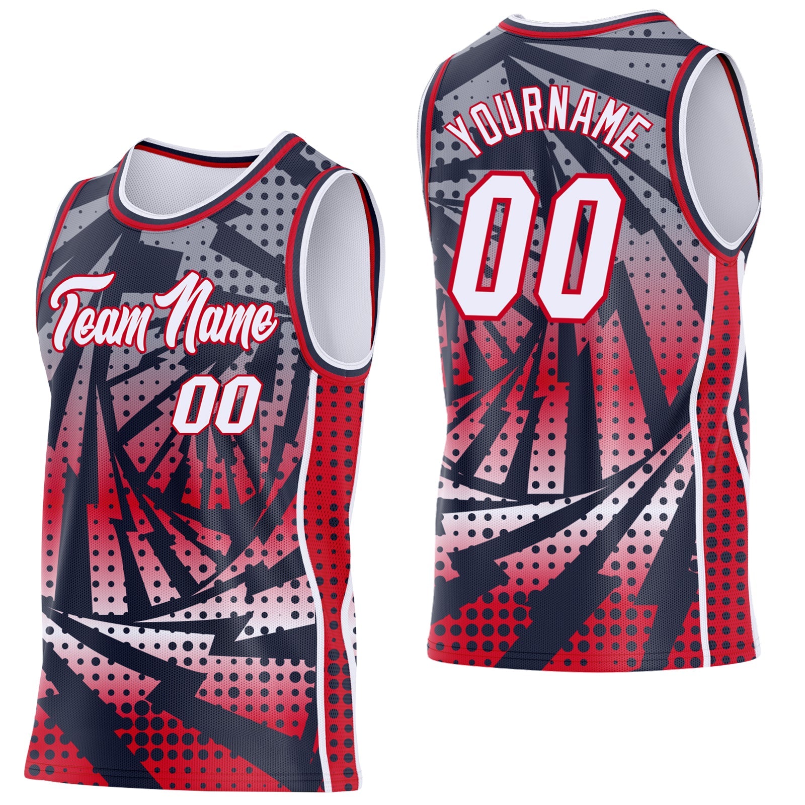 Custom Navy White-Red Lightning Gradient Dot Side Panel Stripe Round Neck Sublimation Basketball Set Jersey - Main View