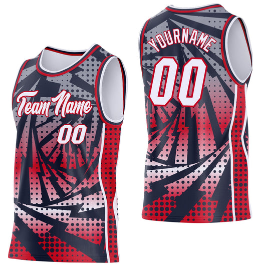 Custom Navy White-Red Lightning Gradient Dot Side Panel Stripe Round Neck Sublimation Basketball Set Jersey - Main View