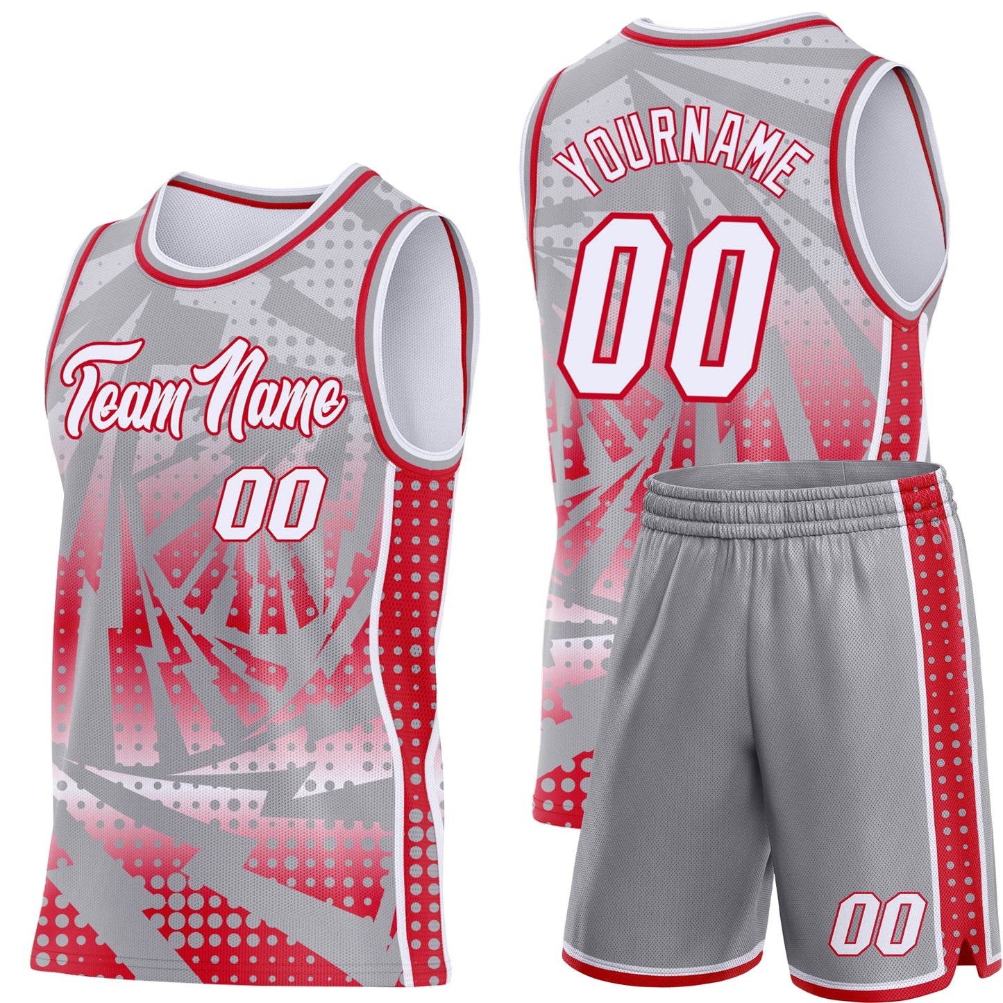 Custom Gray White-Red Lightning Gradient Dot Side Panel Stripe Round Neck Sublimation Basketball Set Jersey view 2
