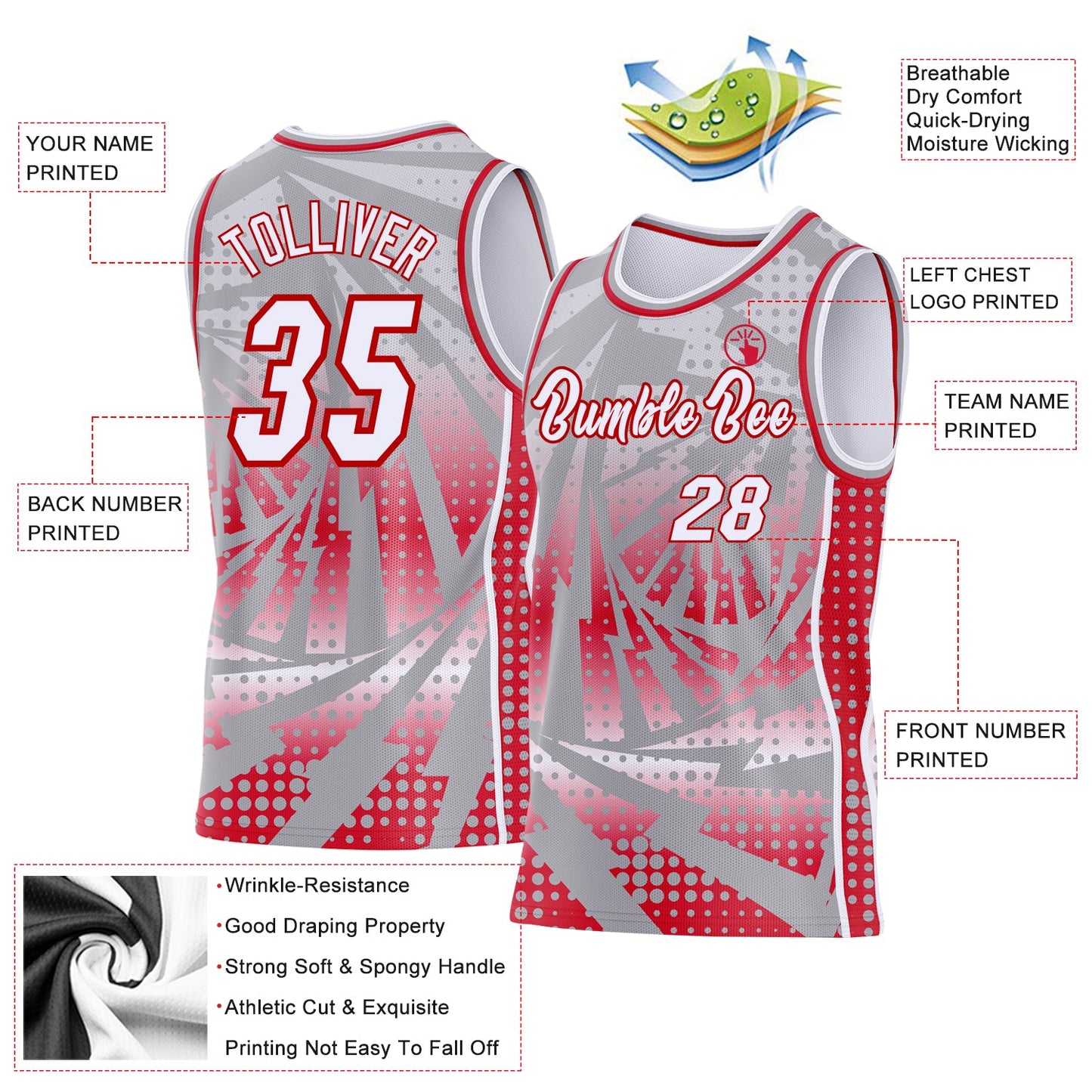 Custom Gray White-Red Lightning Gradient Dot Side Panel Stripe Round Neck Sublimation Basketball Set Jersey view 3