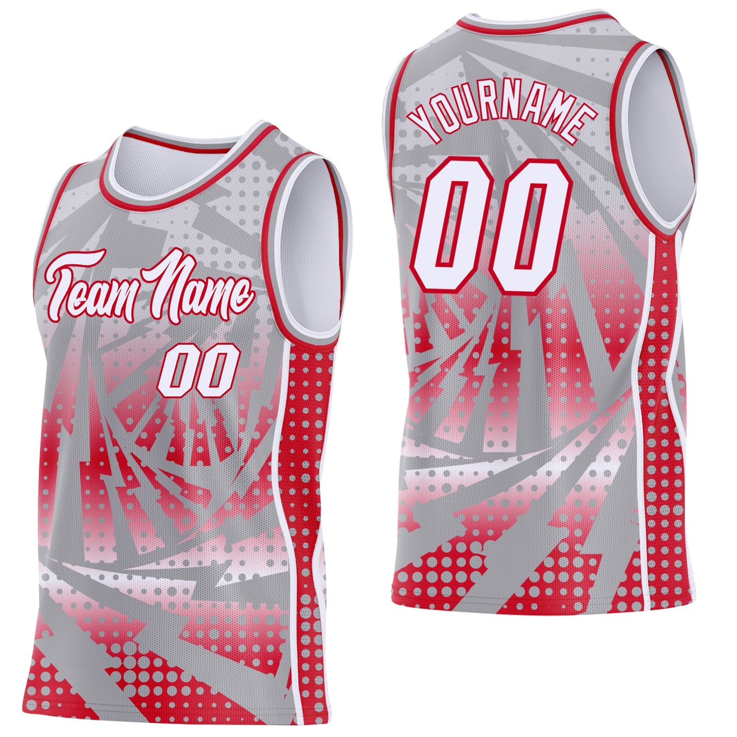 Custom Gray White-Red Lightning Gradient Dot Side Panel Stripe Round Neck Sublimation Basketball Set Jersey - Main View