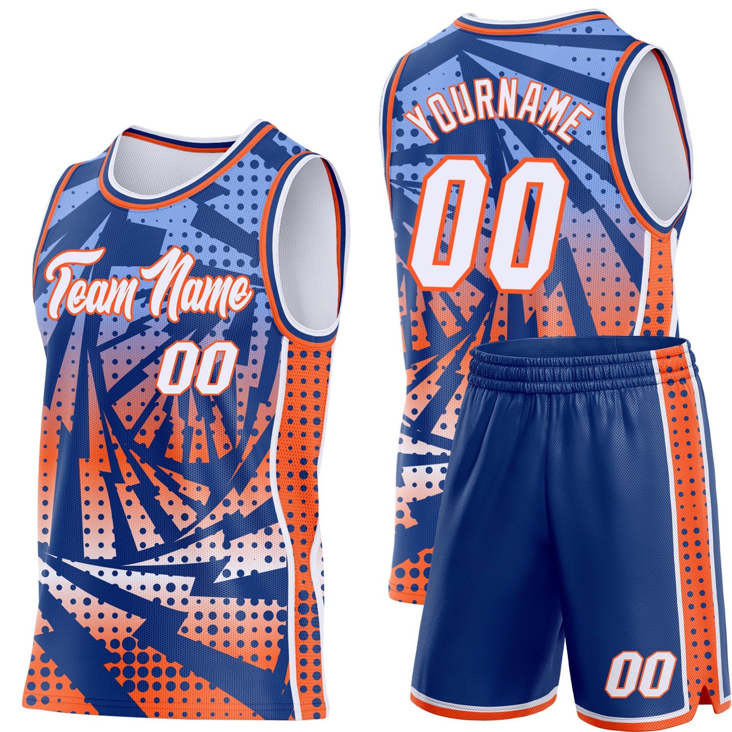 Custom Royal White-Orange Lightning Gradient Dot Side Panel Stripe Round Neck Sublimation Basketball Set Jersey view 2
