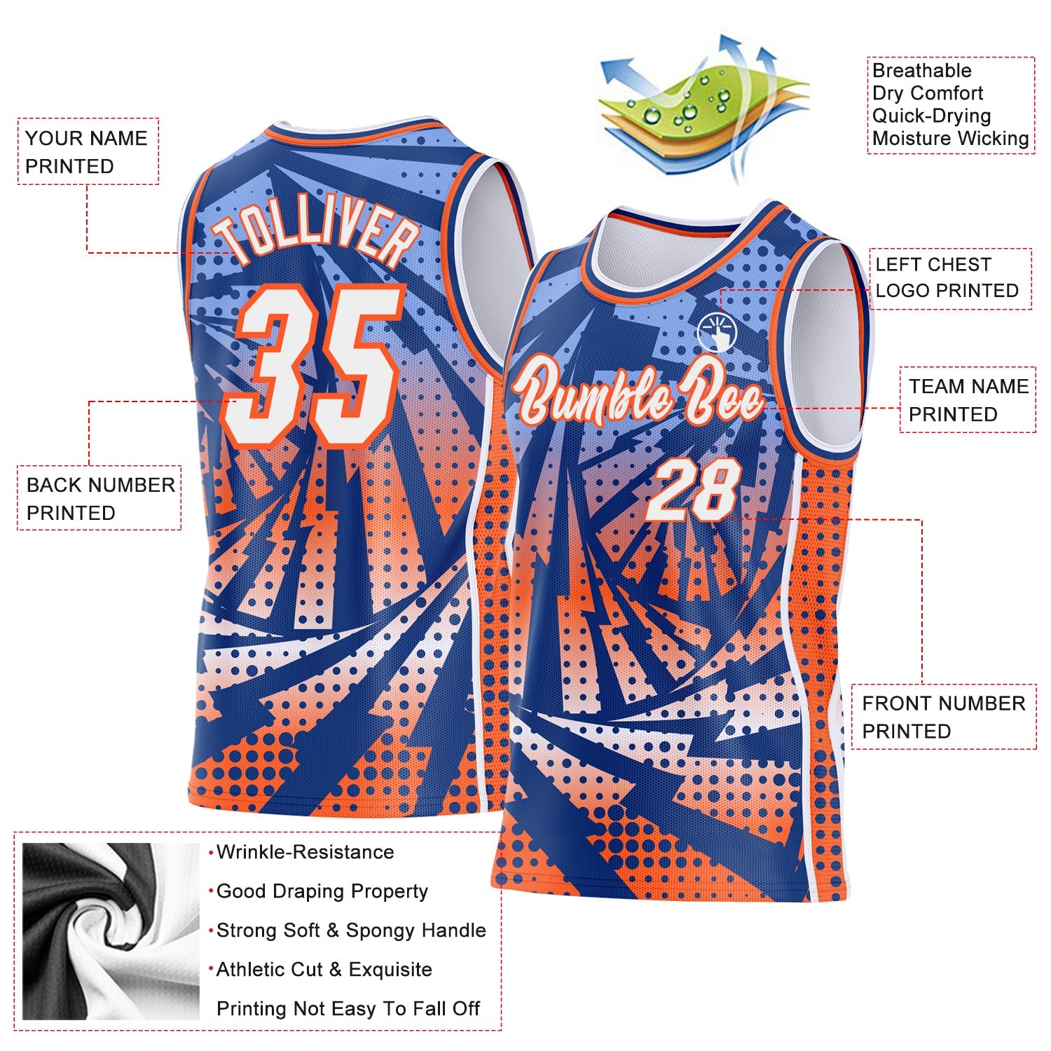 Custom Royal White-Orange Lightning Gradient Dot Side Panel Stripe Round Neck Sublimation Basketball Set Jersey view 3