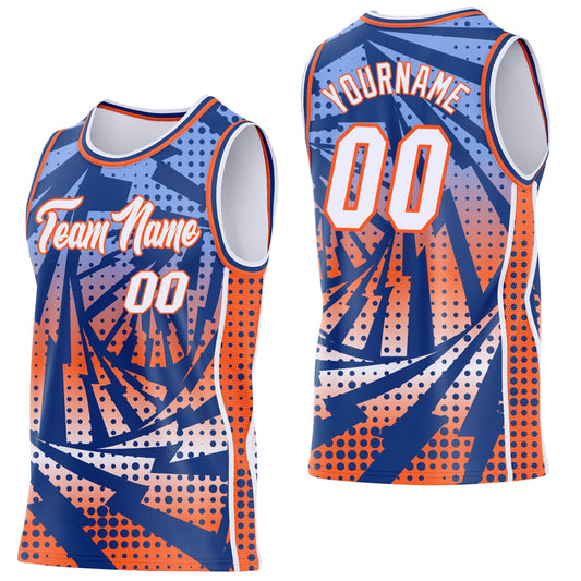 Custom Royal White-Orange Lightning Gradient Dot Side Panel Stripe Round Neck Sublimation Basketball Set Jersey - Main View