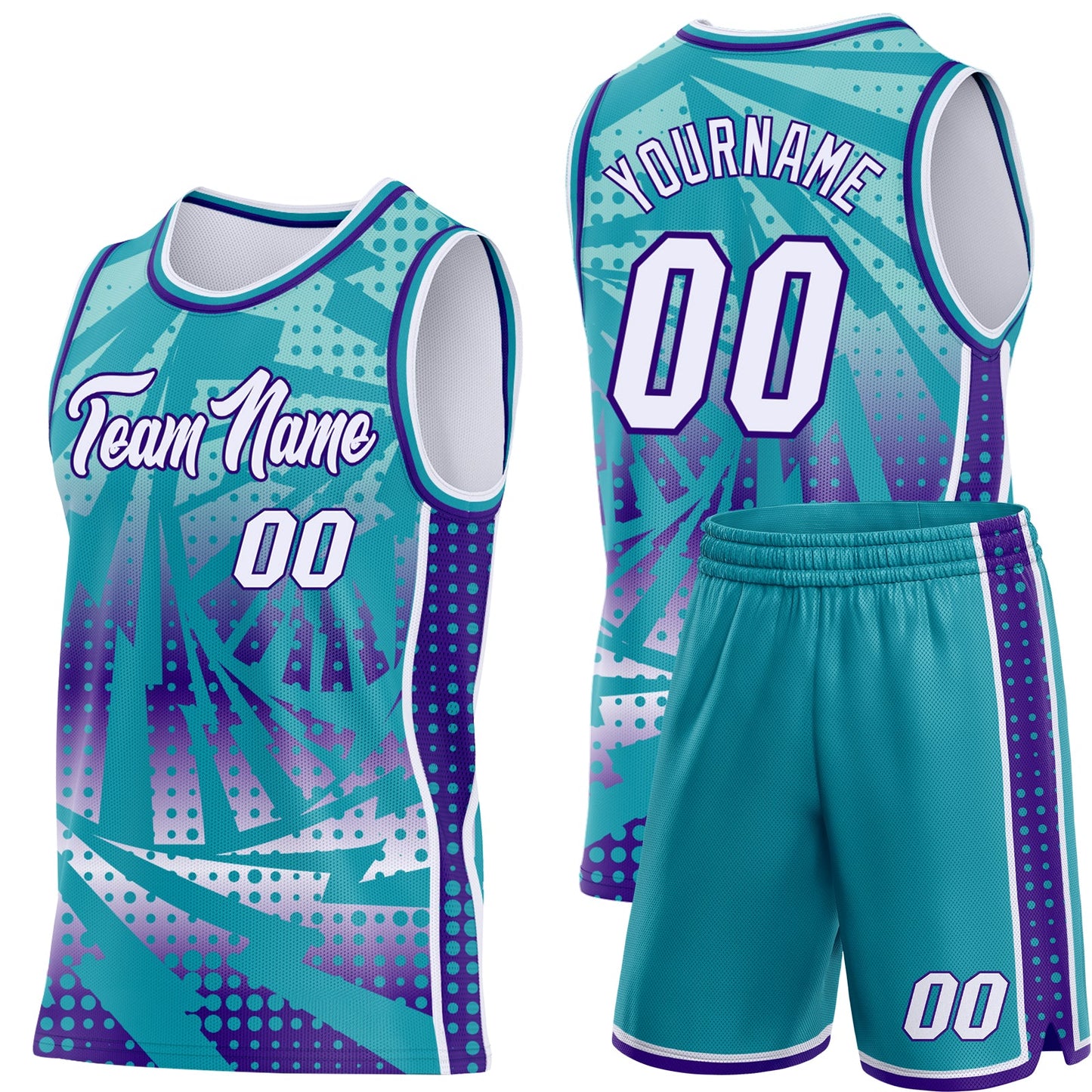Custom Teal White-Purple Lightning Gradient Dot Side Panel Stripe Round Neck Sublimation Basketball Set Jersey view 2