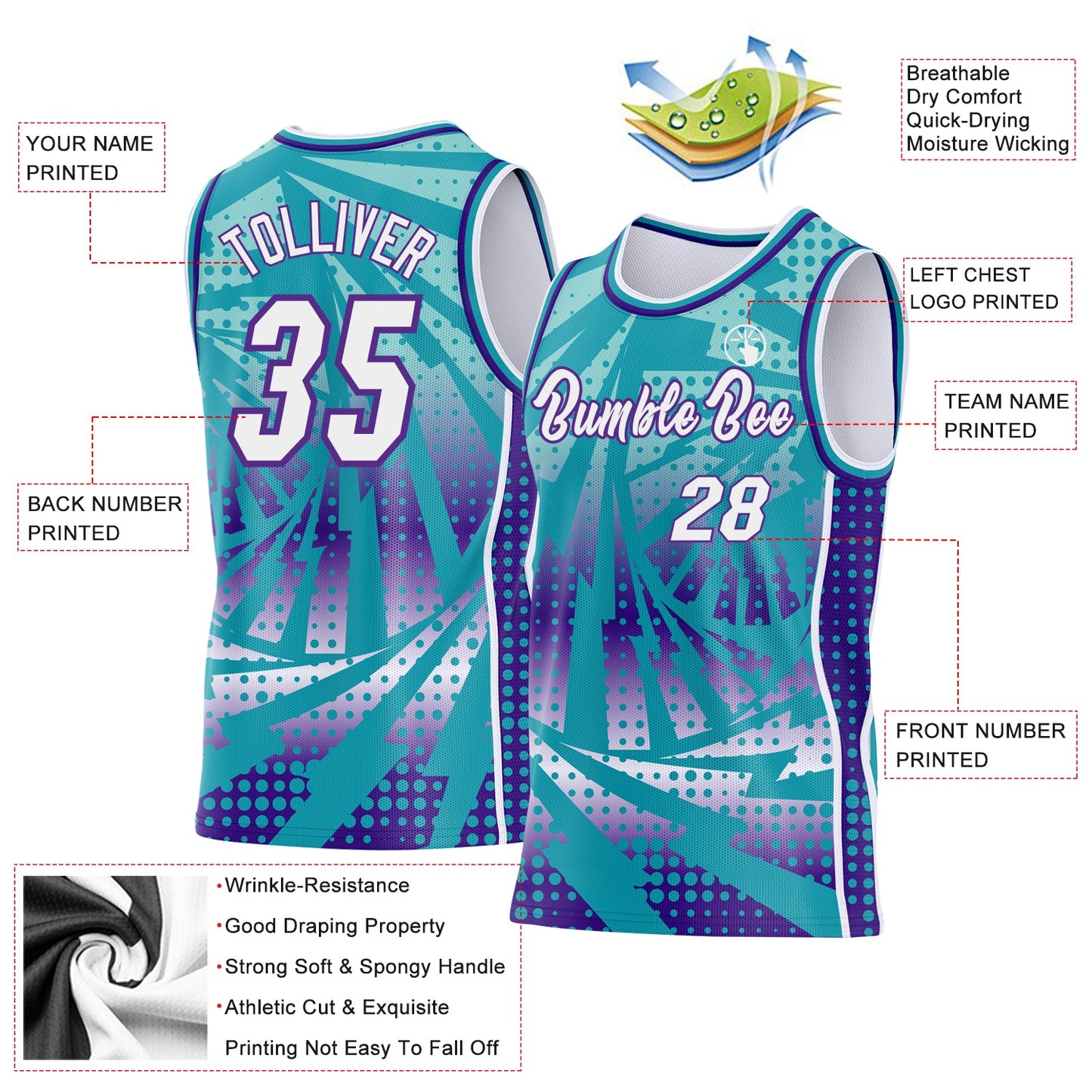 Custom Teal White-Purple Lightning Gradient Dot Side Panel Stripe Round Neck Sublimation Basketball Set Jersey view 3