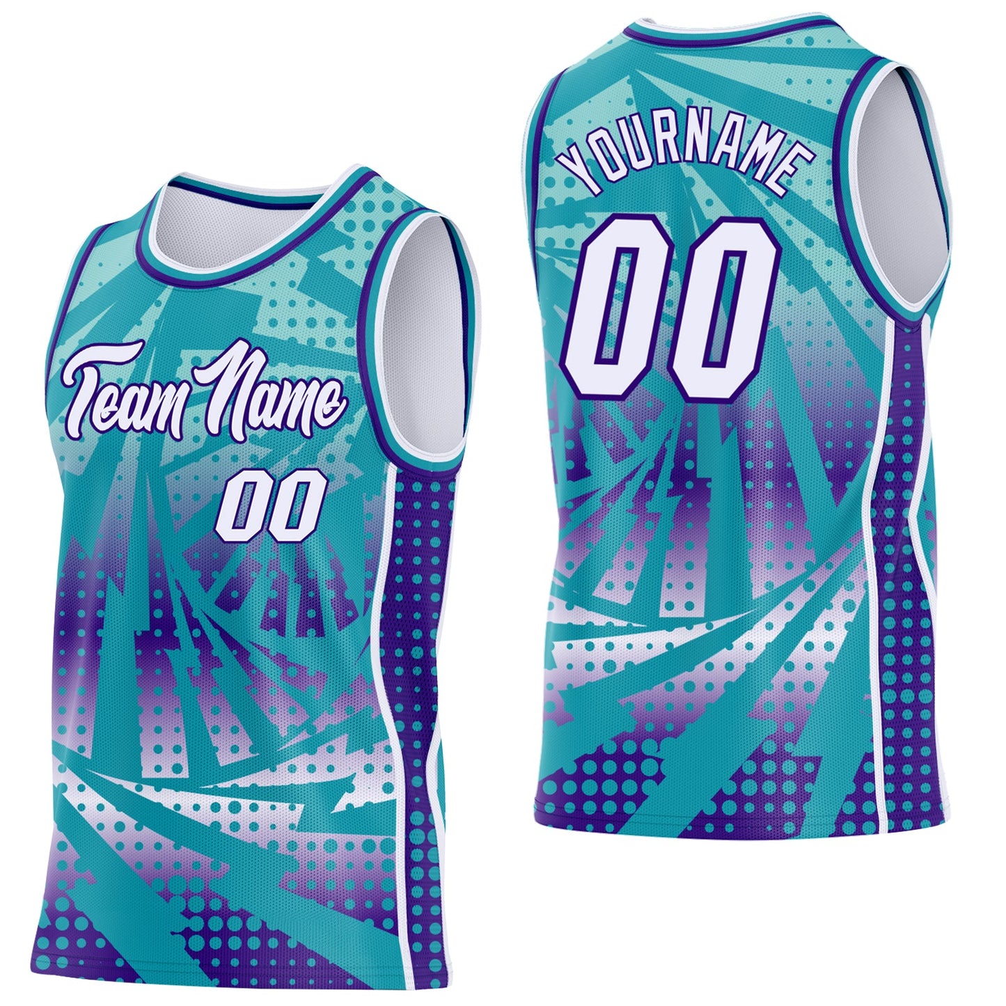 Custom Teal White-Purple Lightning Gradient Dot Side Panel Stripe Round Neck Sublimation Basketball Set Jersey - Main View
