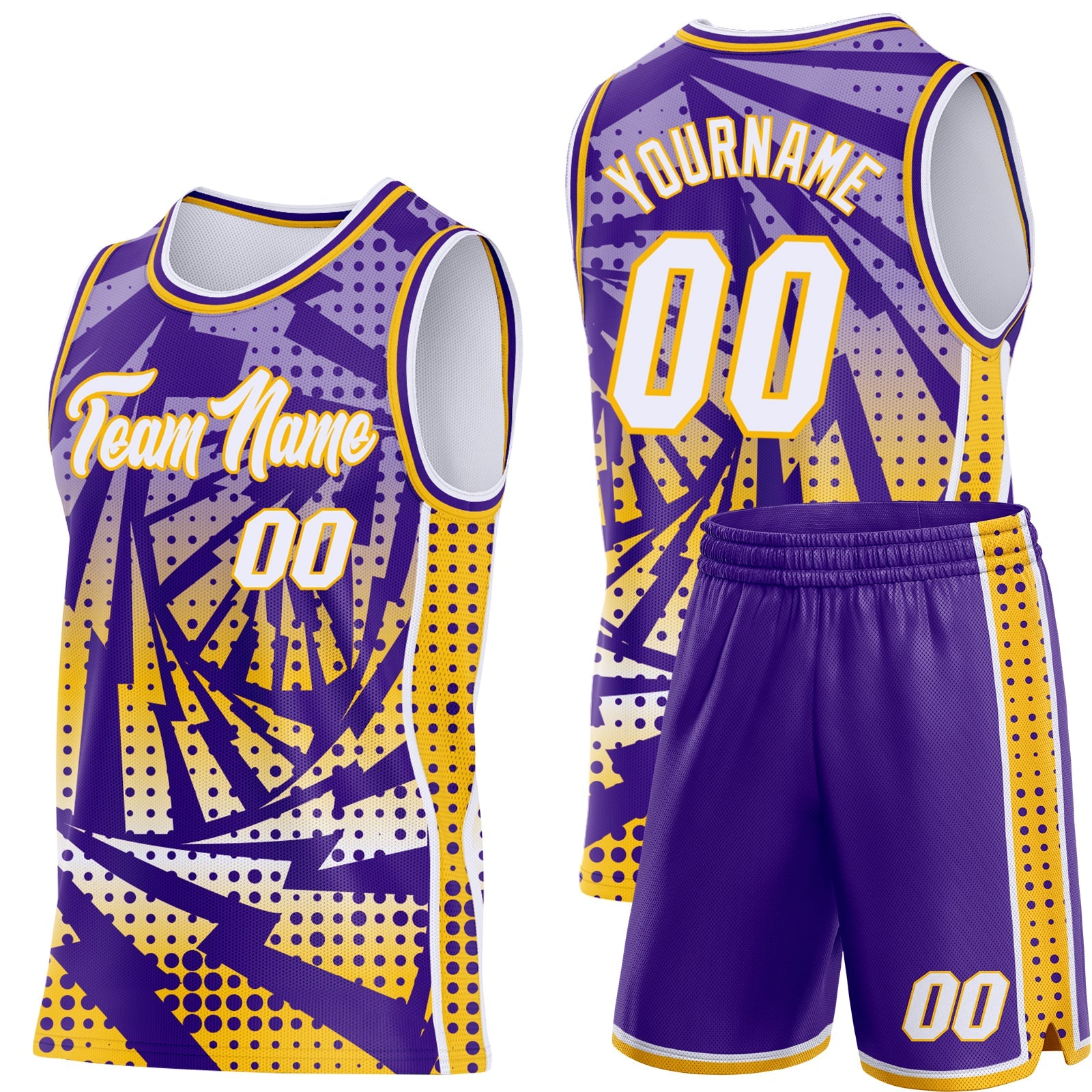 Custom Purple White-Gold Lightning Gradient Dot Side Panel Stripe Round Neck Sublimation Basketball Set Jersey view 2
