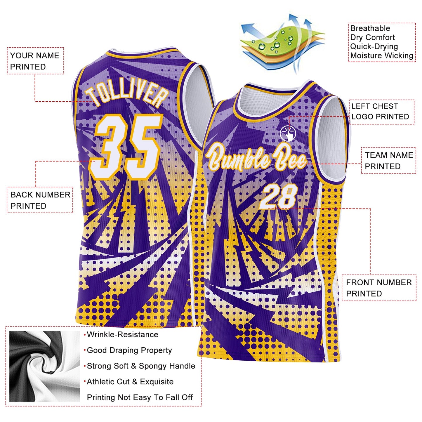 Custom Purple White-Gold Lightning Gradient Dot Side Panel Stripe Round Neck Sublimation Basketball Set Jersey view 3