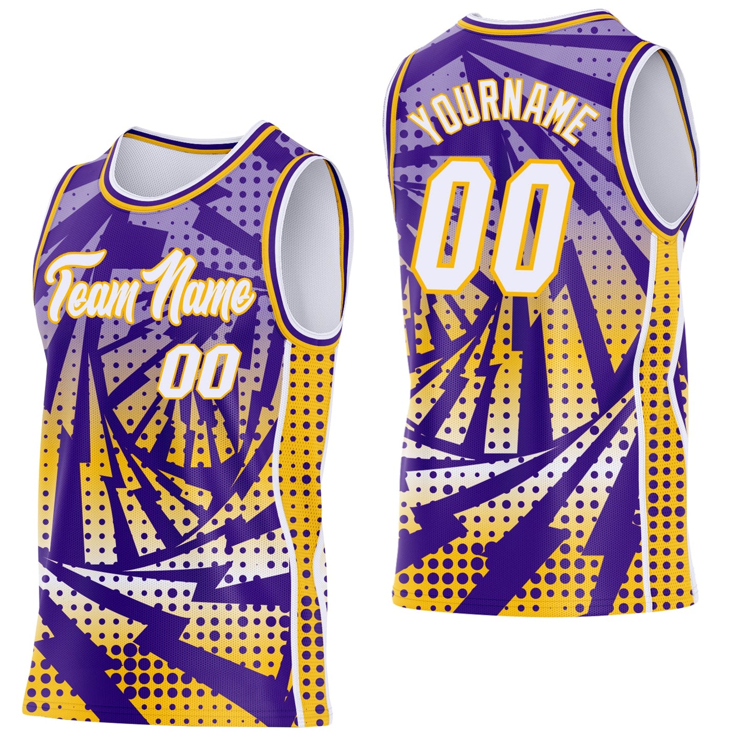Custom Purple White-Gold Lightning Gradient Dot Side Panel Stripe Round Neck Sublimation Basketball Set Jersey - Main View