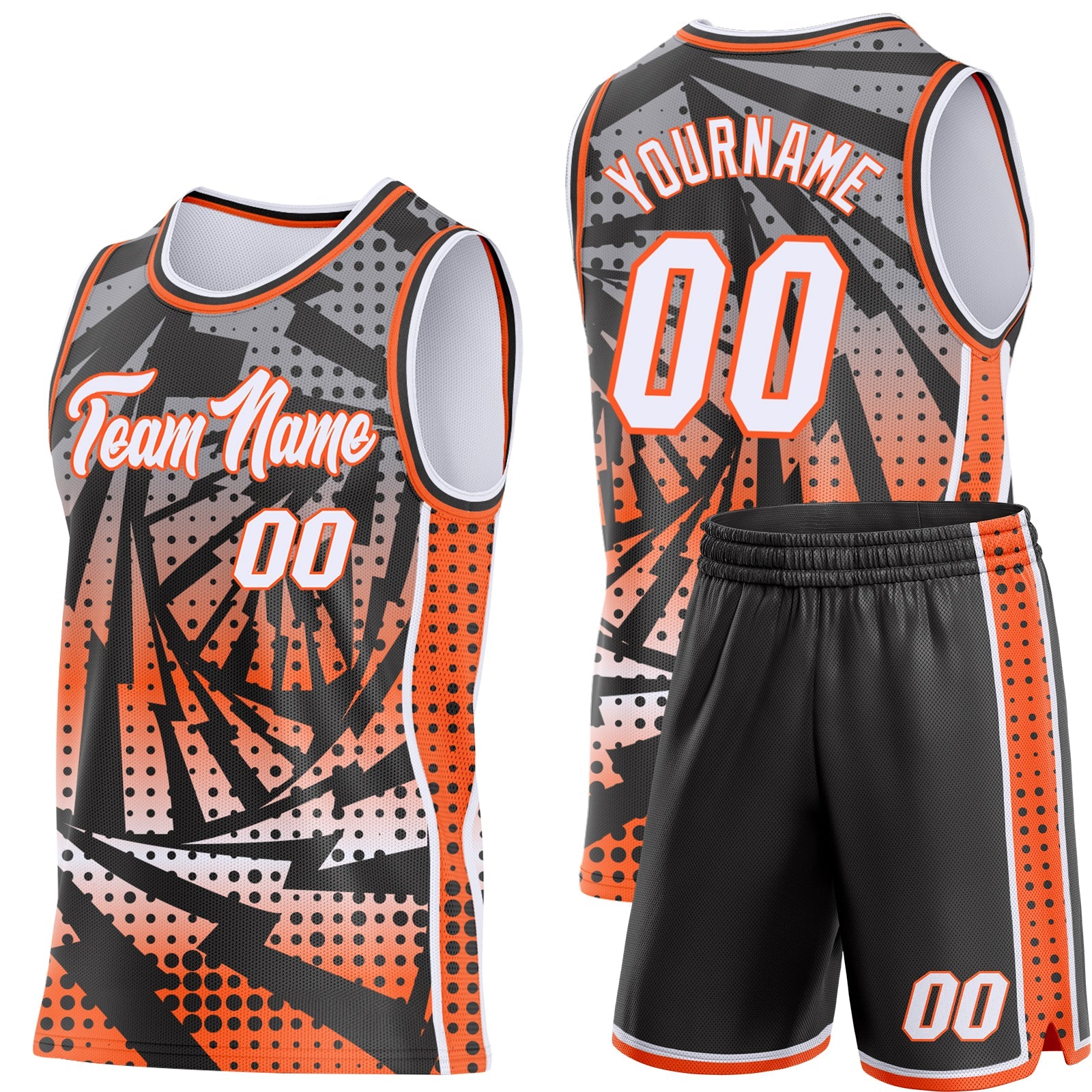 Custom Black White-Orange Lightning Gradient Dot Side Panel Stripe Round Neck Sublimation Basketball Set Jersey view 2