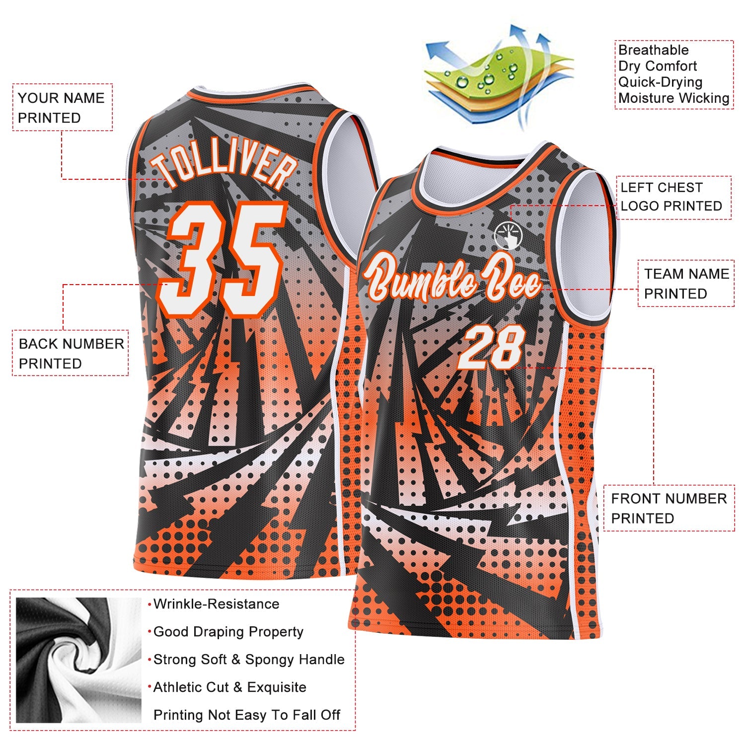 Custom Black White-Orange Lightning Gradient Dot Side Panel Stripe Round Neck Sublimation Basketball Set Jersey view 3