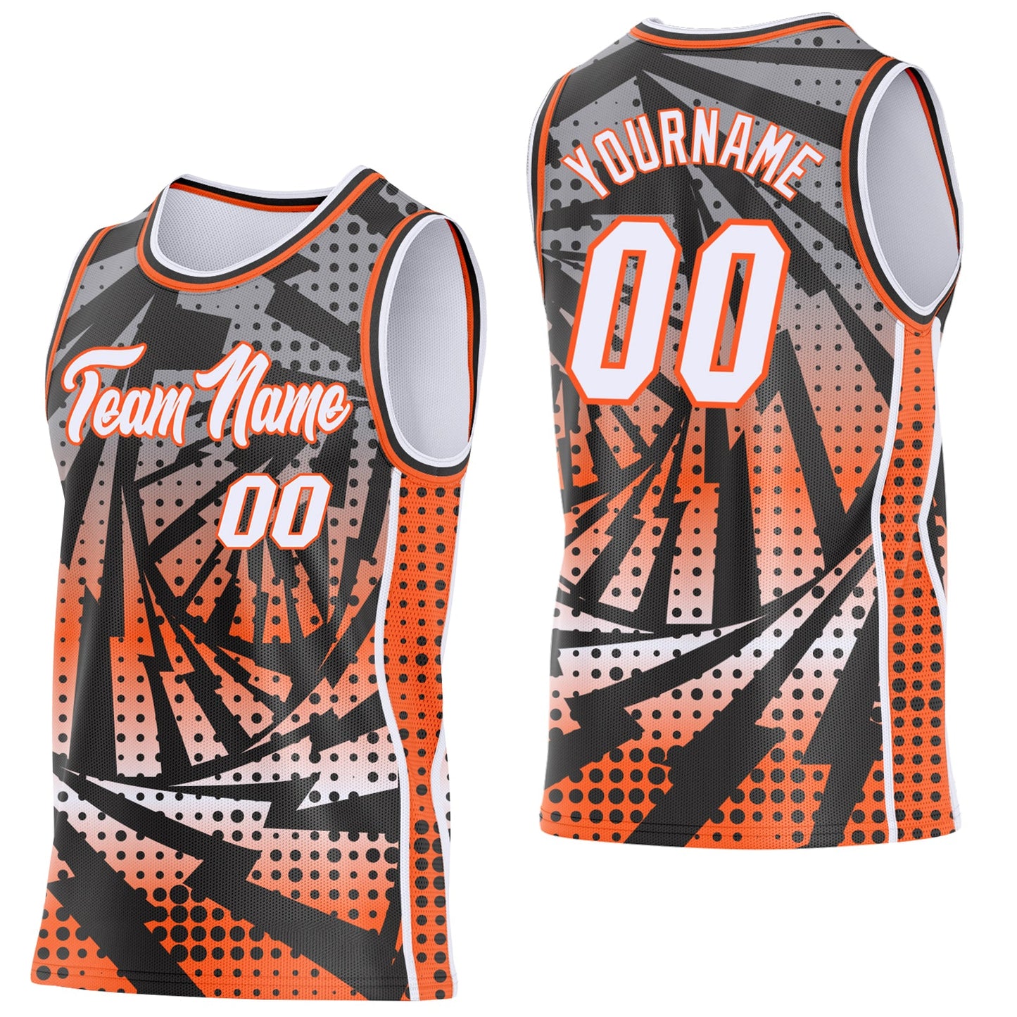 Custom Black White-Orange Lightning Gradient Dot Side Panel Stripe Round Neck Sublimation Basketball Set Jersey - Main View