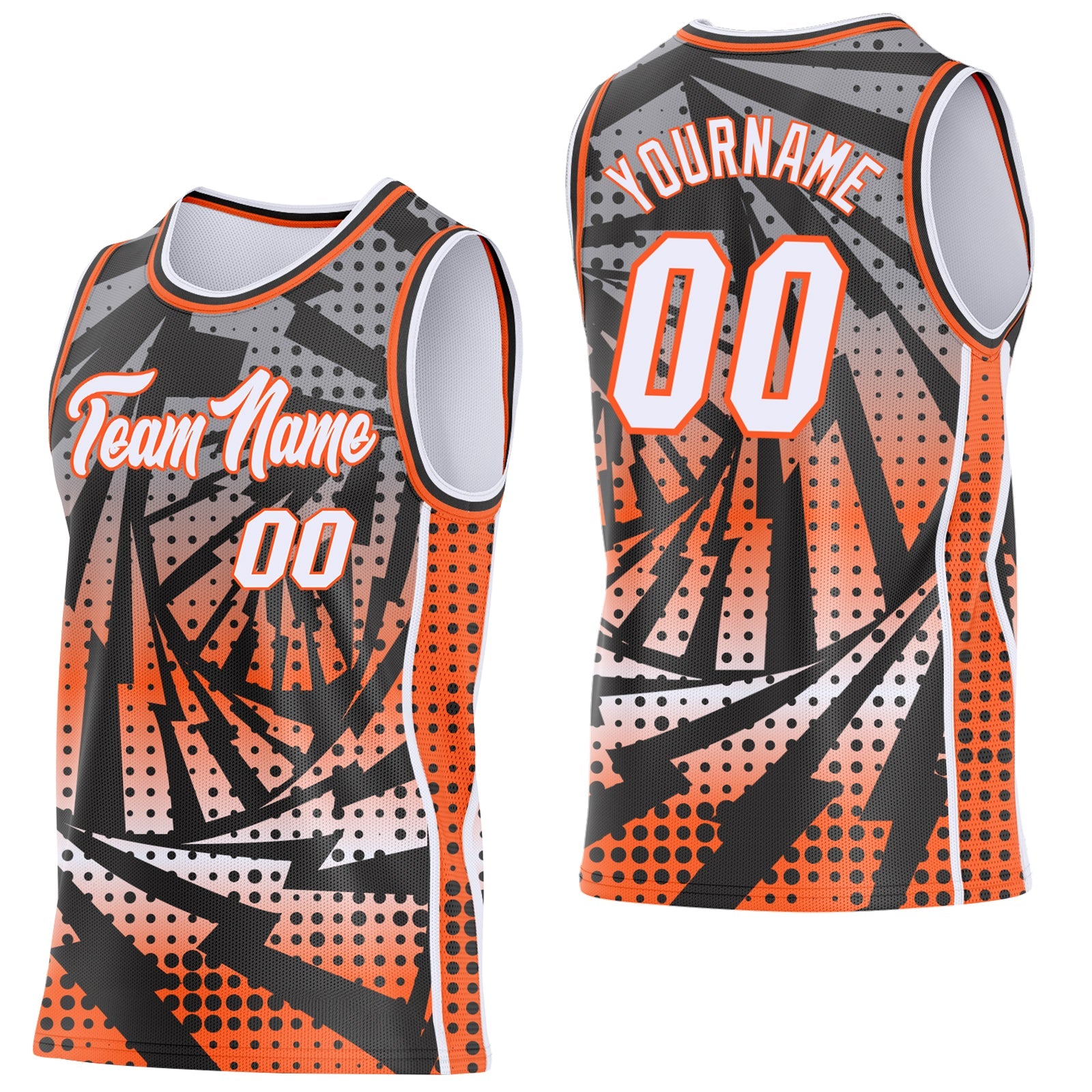Custom Black White-Orange Lightning Gradient Dot Side Panel Stripe Round Neck Sublimation Basketball Set Jersey - Main View