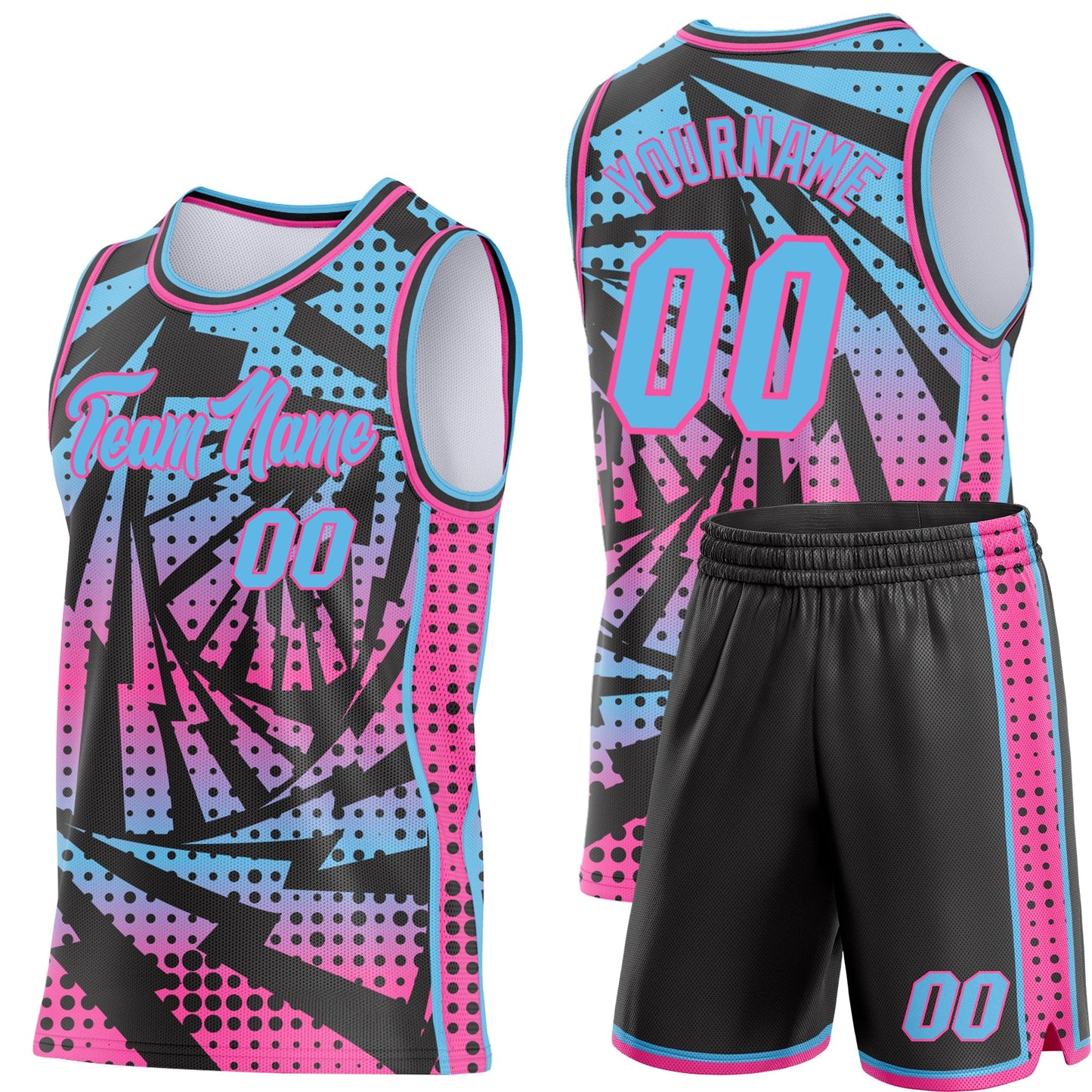 Custom Sky Blue Black-Pink Lightning Gradient Dot Side Panel Stripe Round Neck Sublimation Basketball Set Jersey view 2