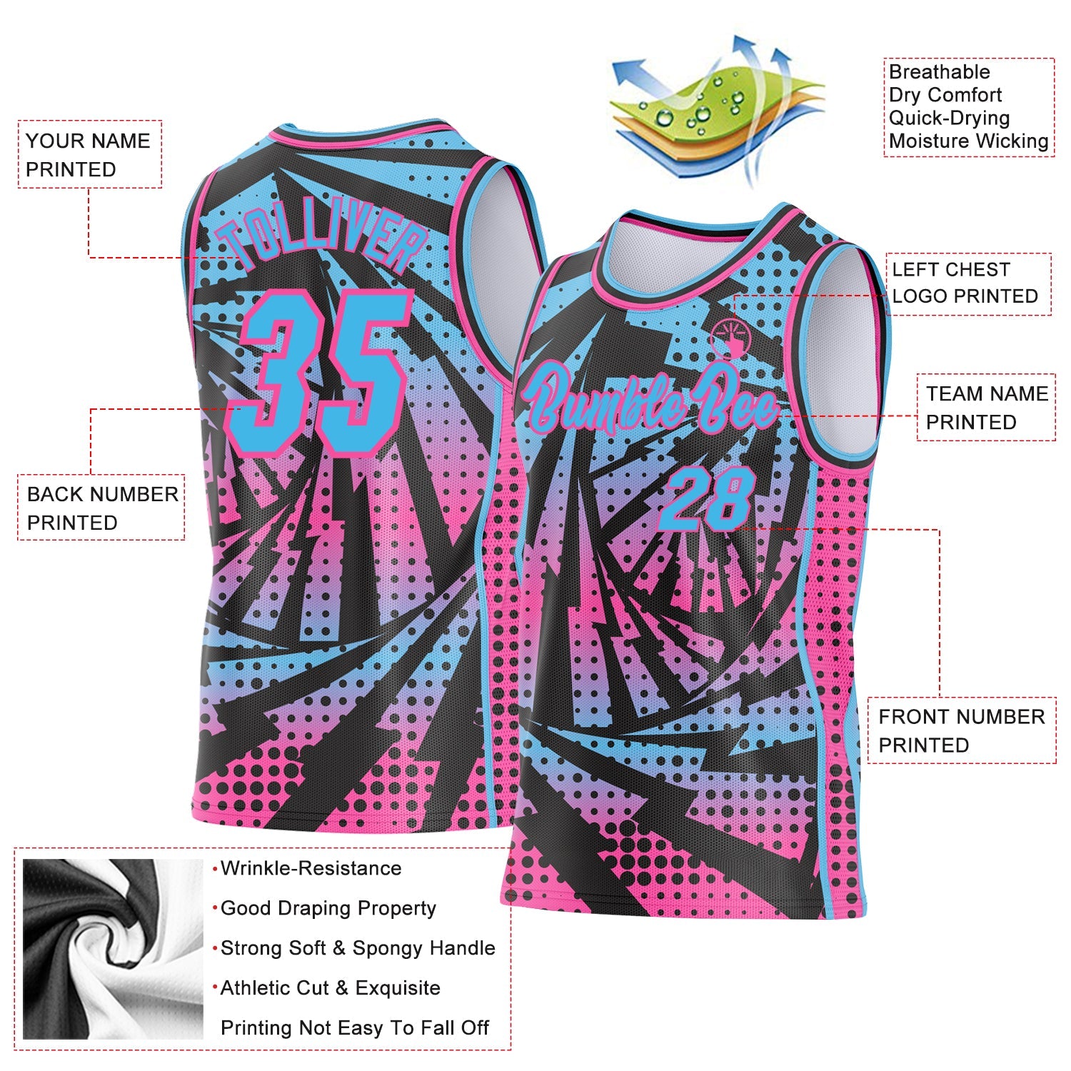 Custom Sky Blue Black-Pink Lightning Gradient Dot Side Panel Stripe Round Neck Sublimation Basketball Set Jersey view 3