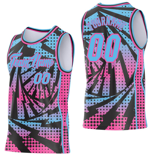 Custom Sky Blue Black-Pink Lightning Gradient Dot Side Panel Stripe Round Neck Sublimation Basketball Set Jersey - Main View