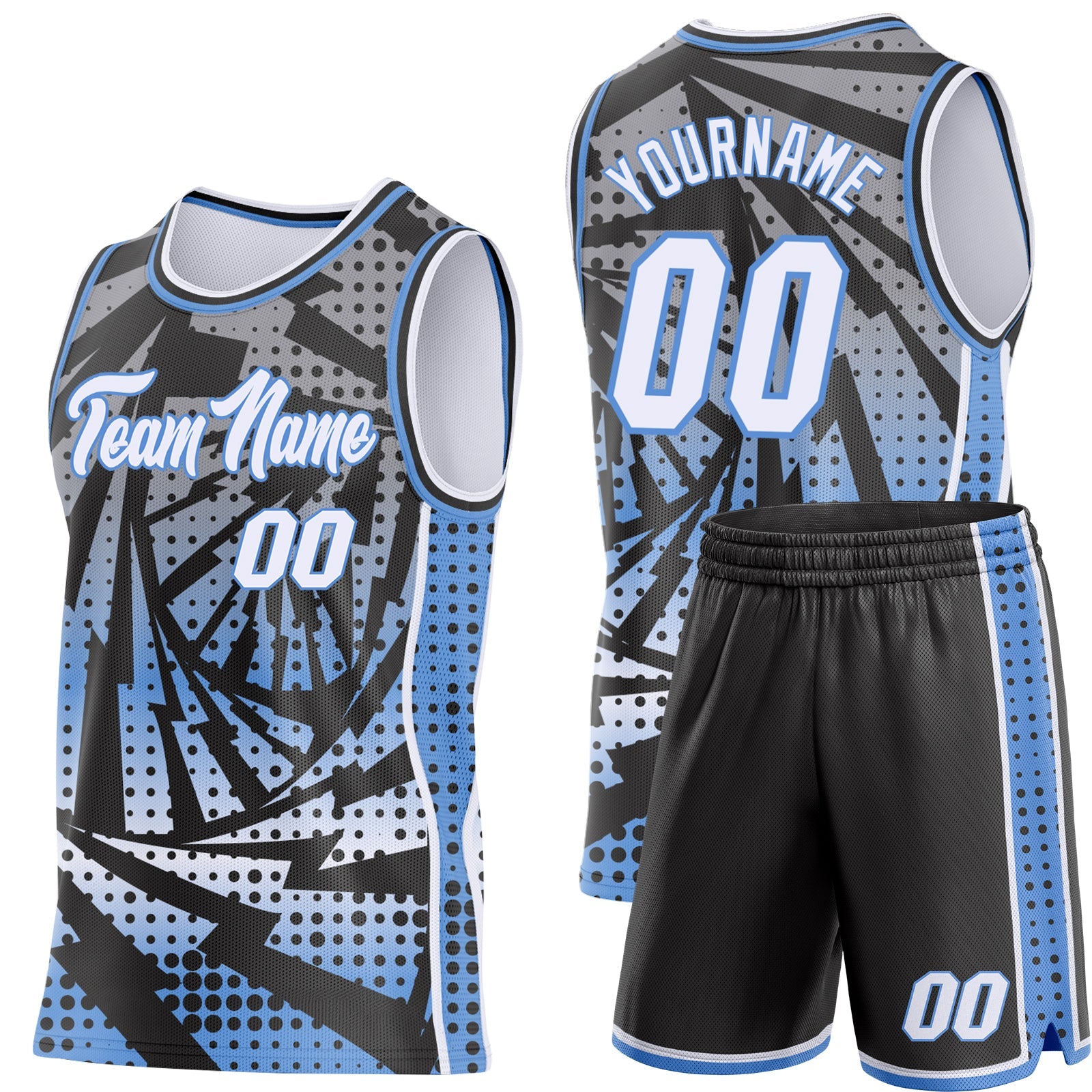 Custom Black White-Light Blue Lightning Gradient Dot Side Panel Stripe Round Neck Sublimation Basketball Set Jersey view 2