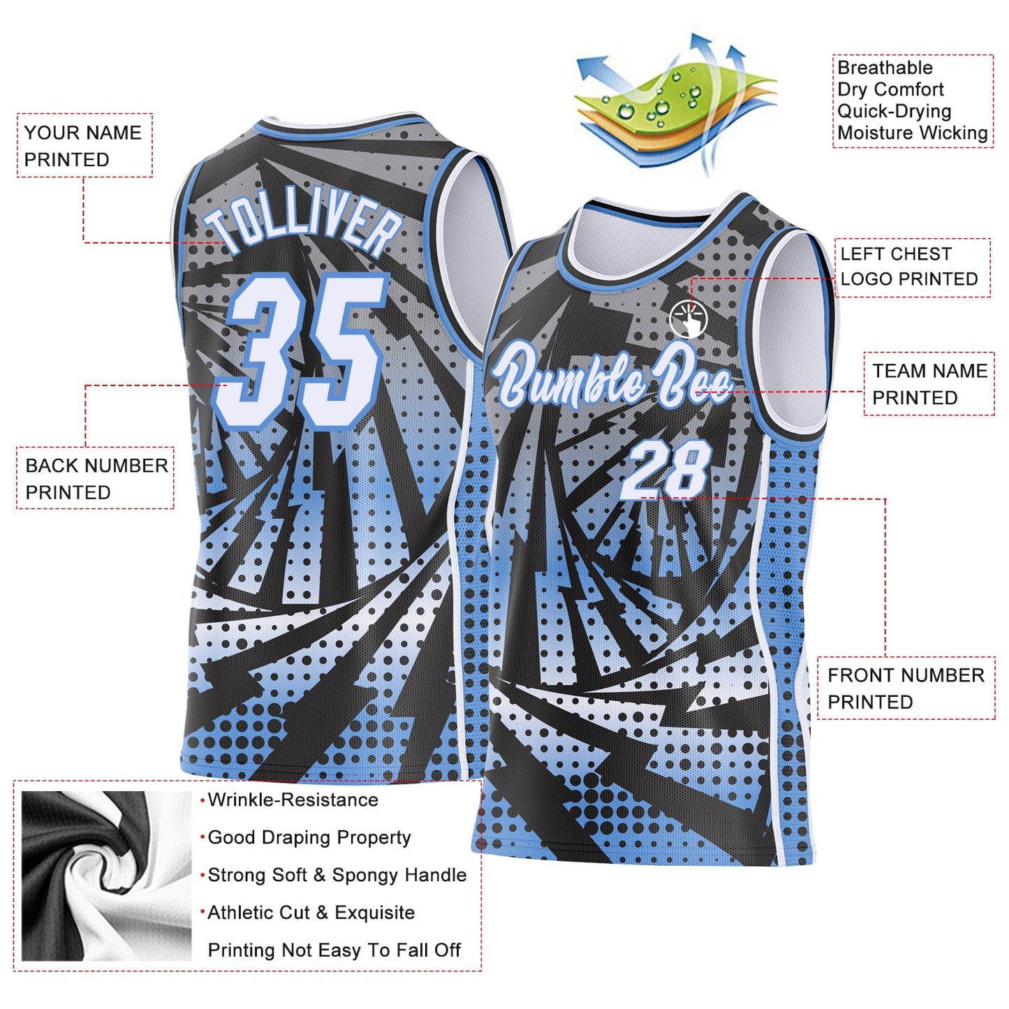 Custom Black White-Light Blue Lightning Gradient Dot Side Panel Stripe Round Neck Sublimation Basketball Set Jersey view 3
