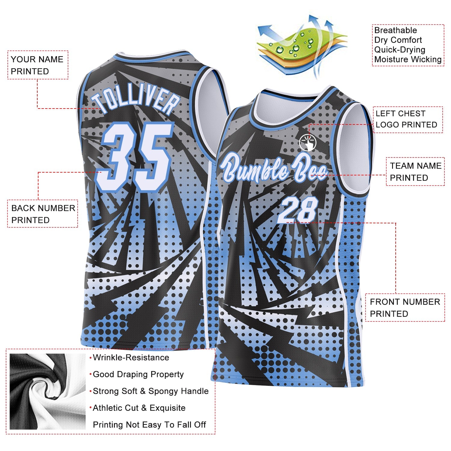 Custom Black White-Light Blue Lightning Gradient Dot Side Panel Stripe Round Neck Sublimation Basketball Set Jersey view 3