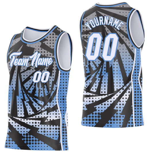 Custom Black White-Light Blue Lightning Gradient Dot Side Panel Stripe Round Neck Sublimation Basketball Set Jersey - Main View