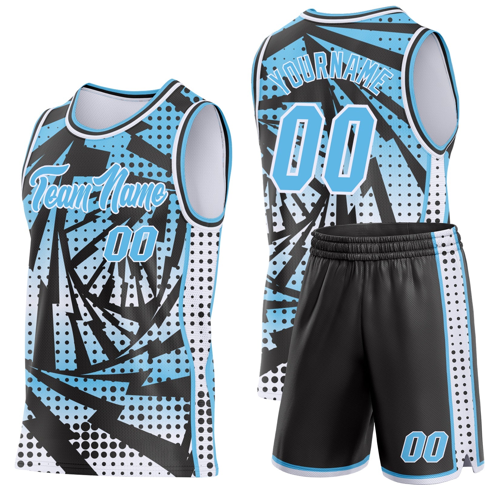 Custom Sky Blue Black-White Lightning Gradient Dot Side Panel Stripe Round Neck Sublimation Basketball Set Jersey view 2